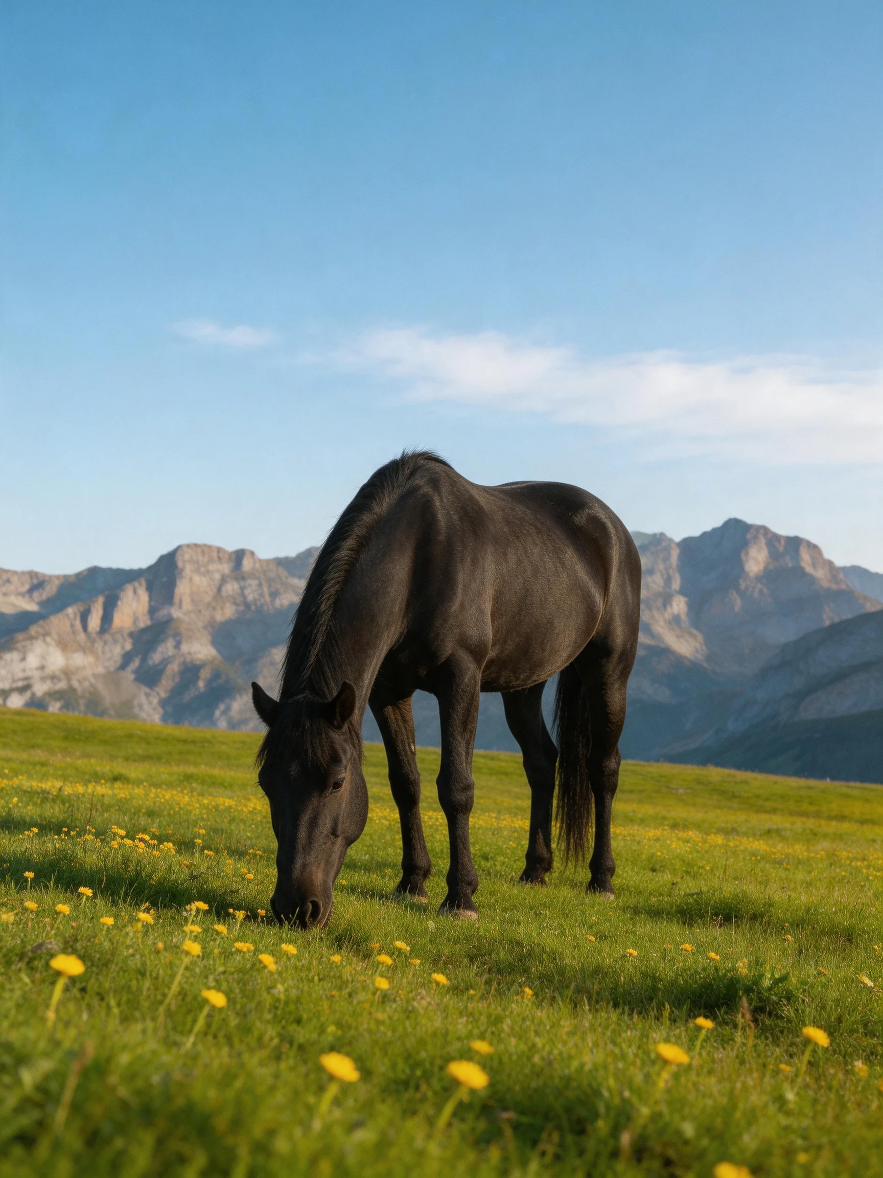 A black horse grazes in a flowered meadow near rocky mountains