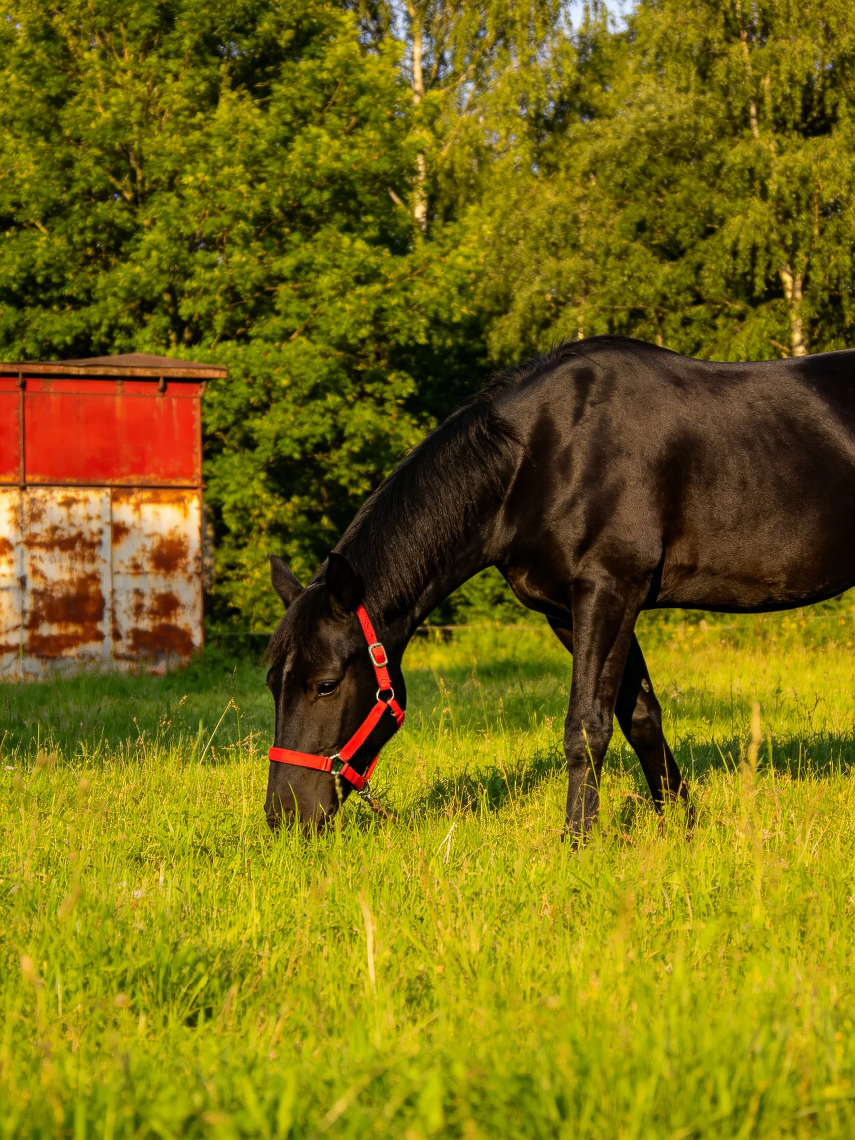 A black horse grazes in a lush green meadow near an old red shed
