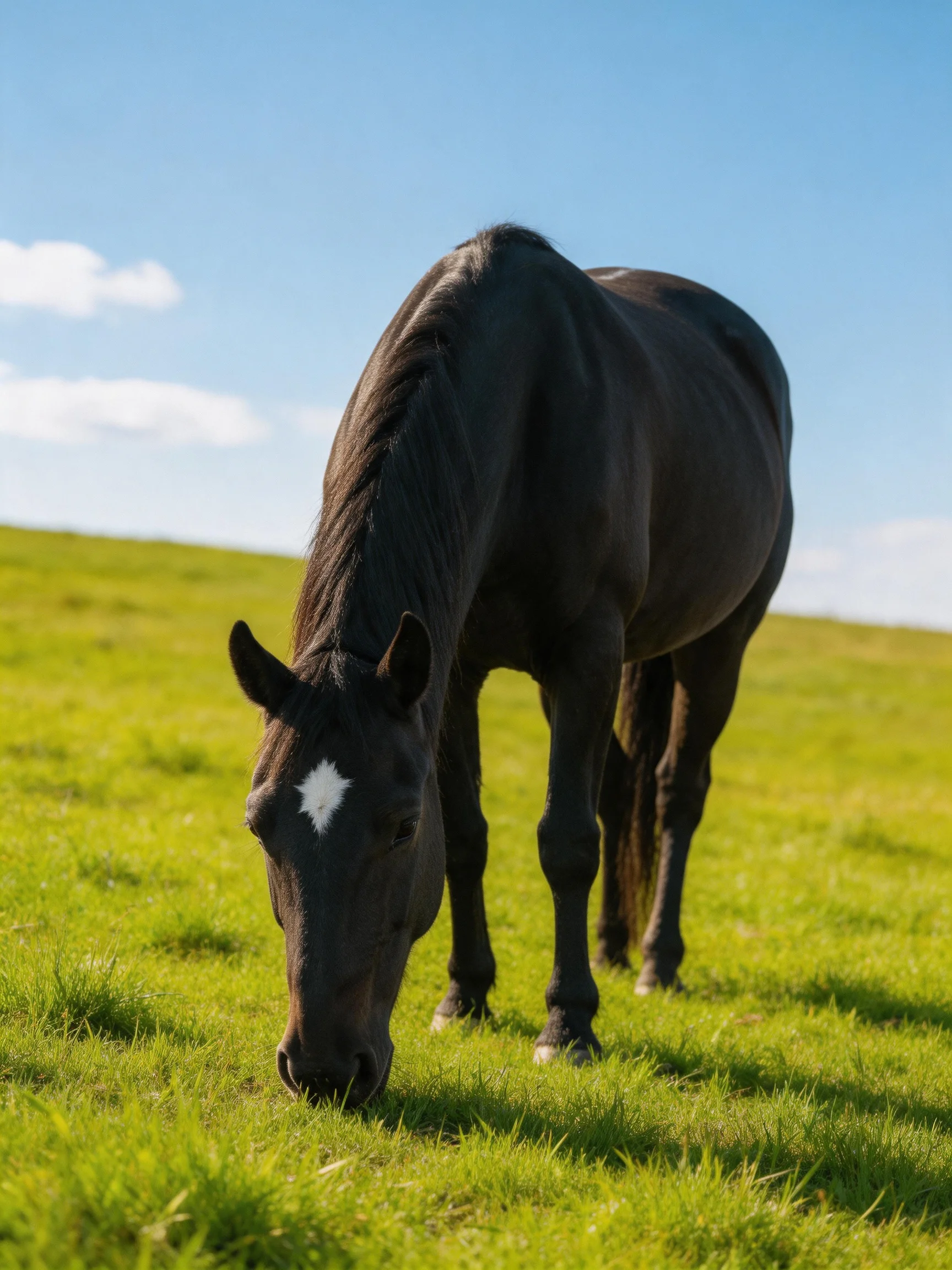 A black horse grazes in a lush green meadow under a clear blue sky