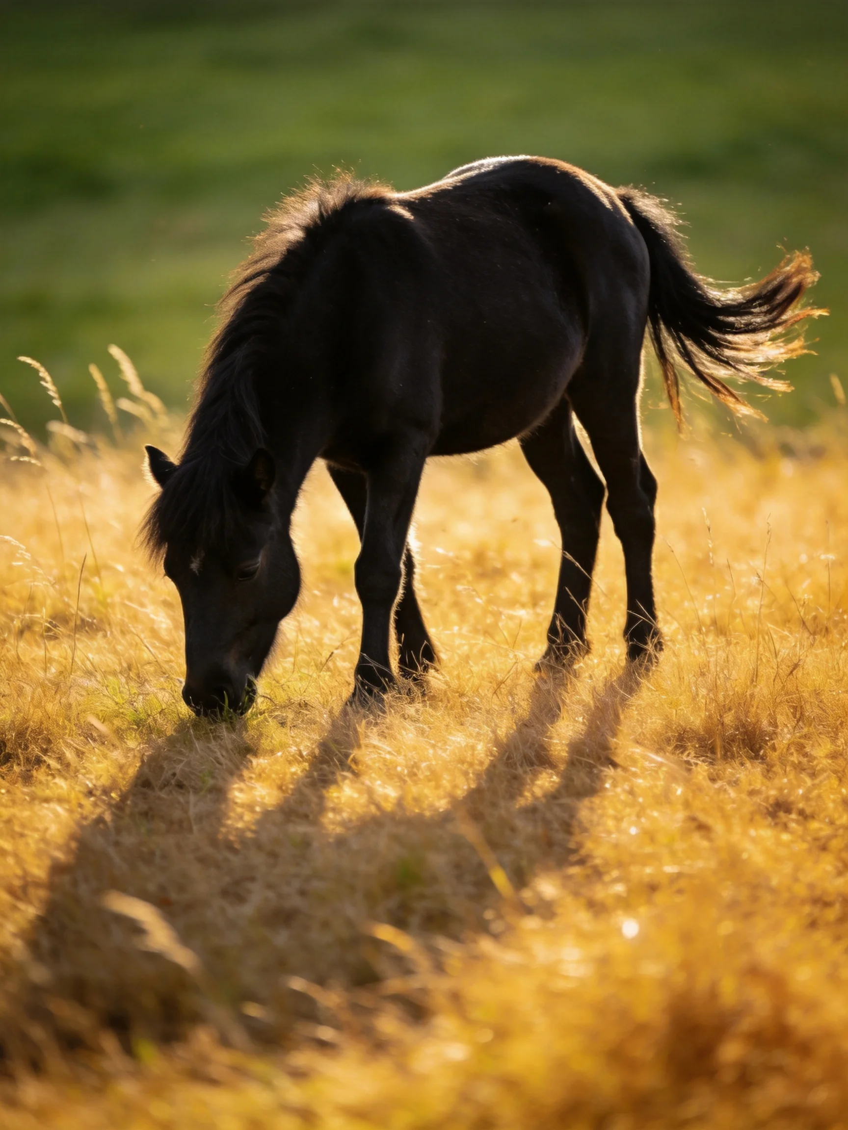 A black horse grazes in a sunlit golden field with green backdrop