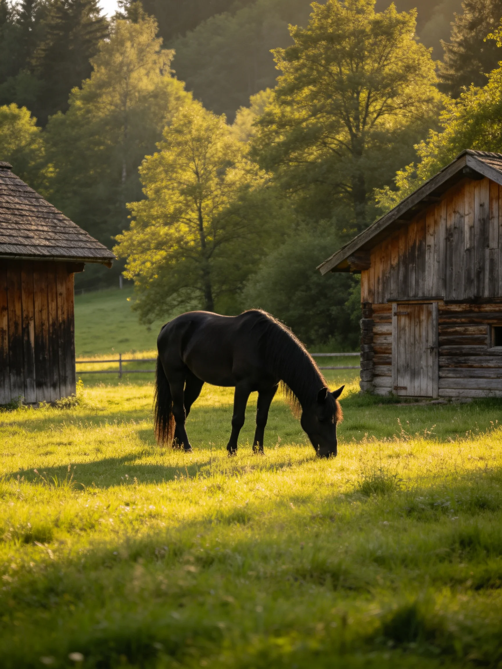 A black horse grazes in a sunlit meadow near weathered cabins