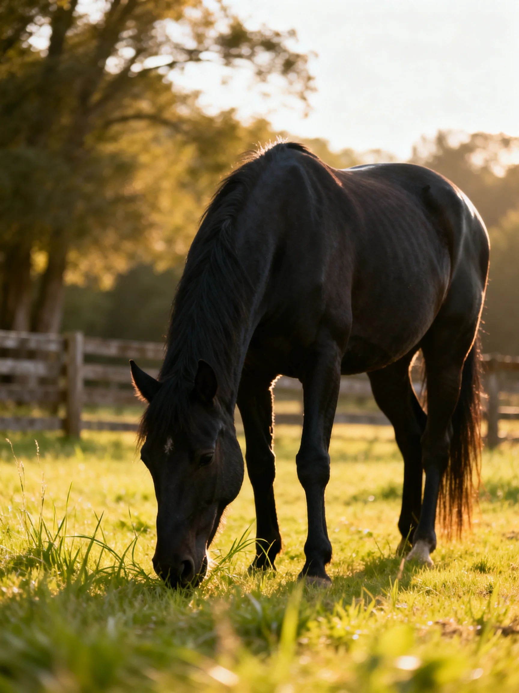 A black horse grazes in a sunlit pasture near wooden fences and trees