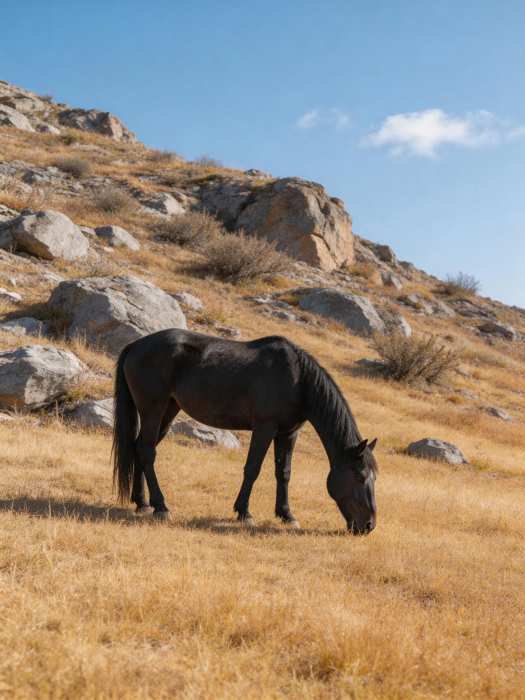 A black horse grazes on dry grass by rocky slopes