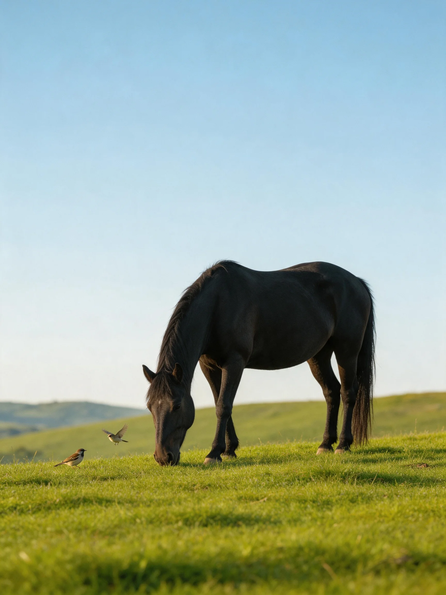 A black horse grazes on lush green grass with small birds under a clear blue sky