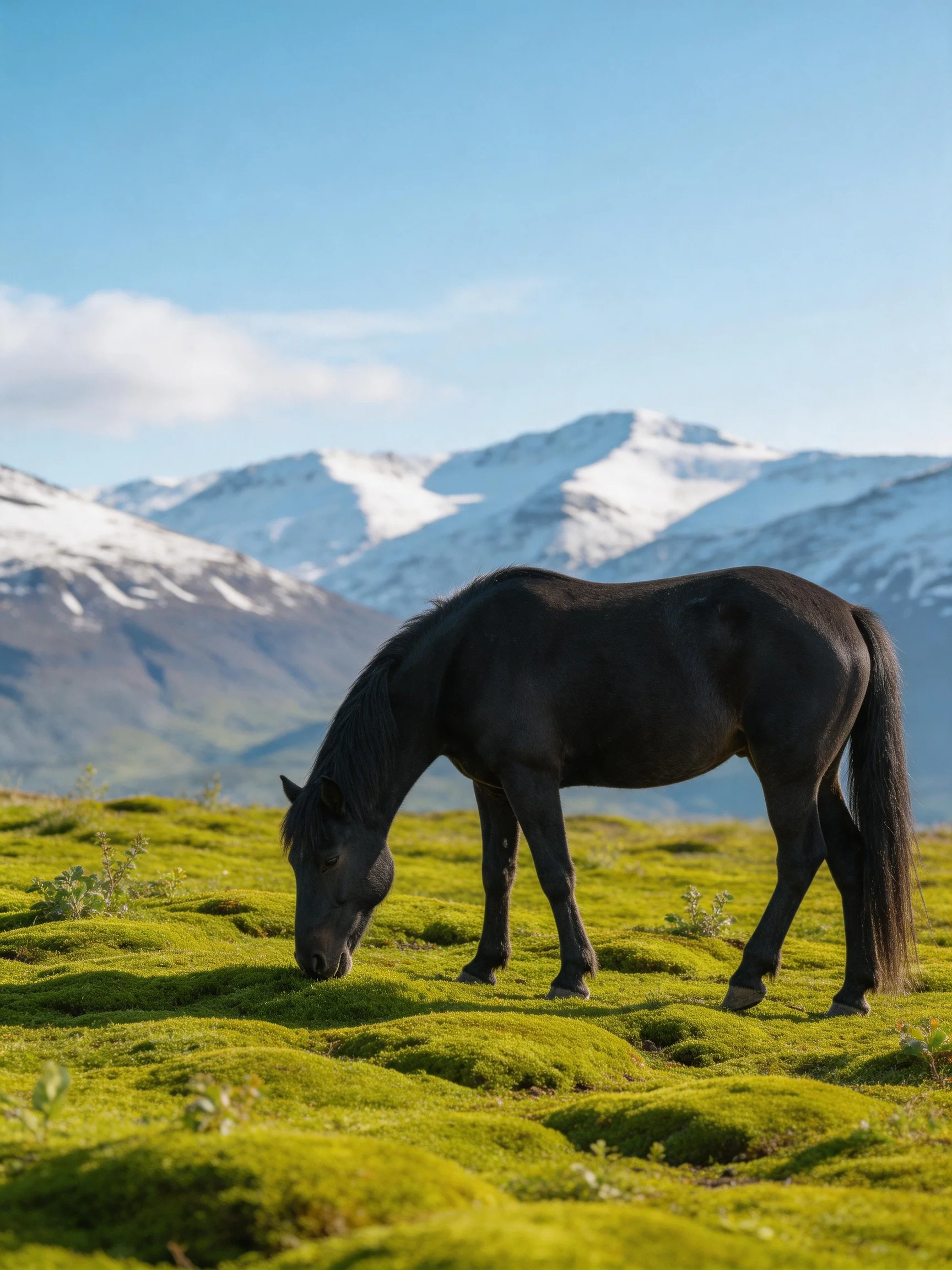 A black horse grazes on vibrant moss near snow-capped mountains
