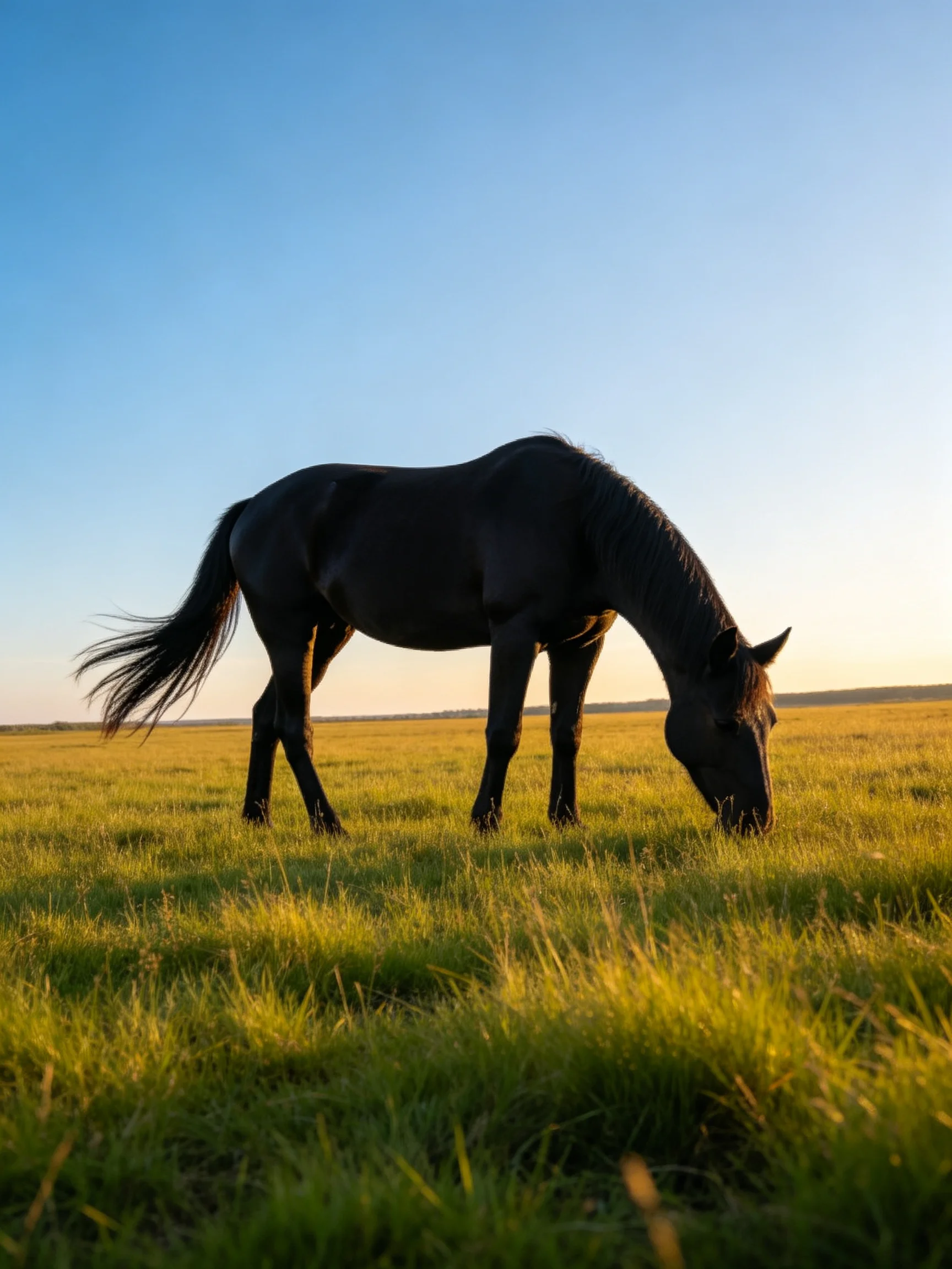 A black horse grazing in a golden-green meadow under clear blue skies