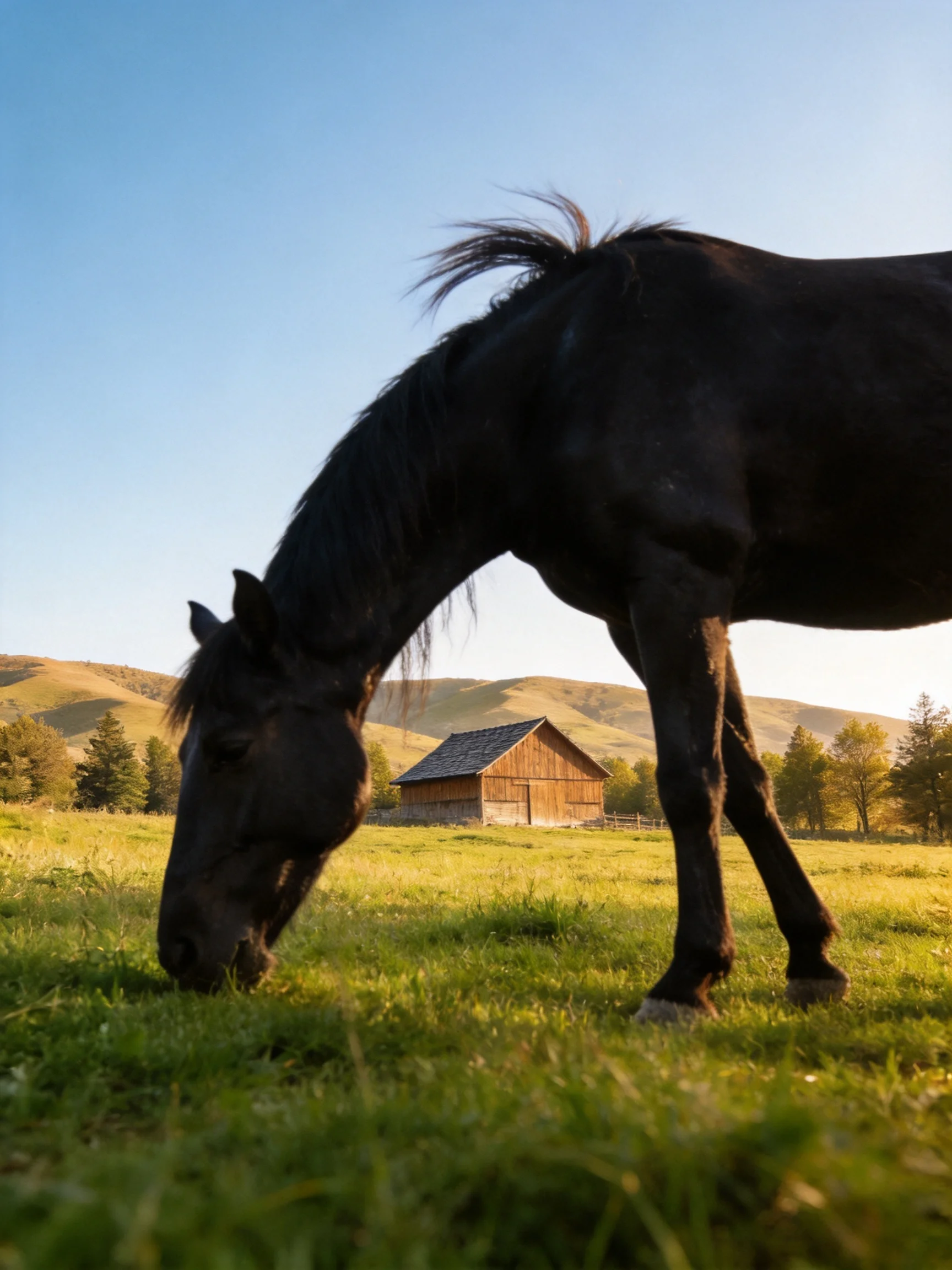 A black horse grazes in a sunlit meadow with a wooden barn in the distance.