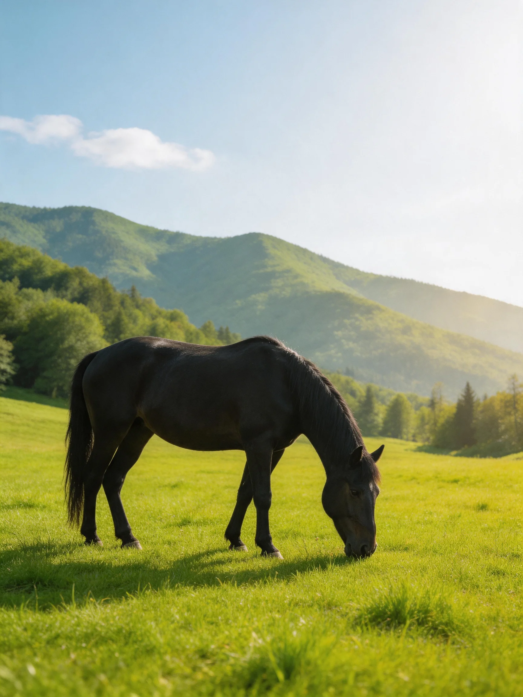A black horse grazing in a lush green meadow near forested mountains