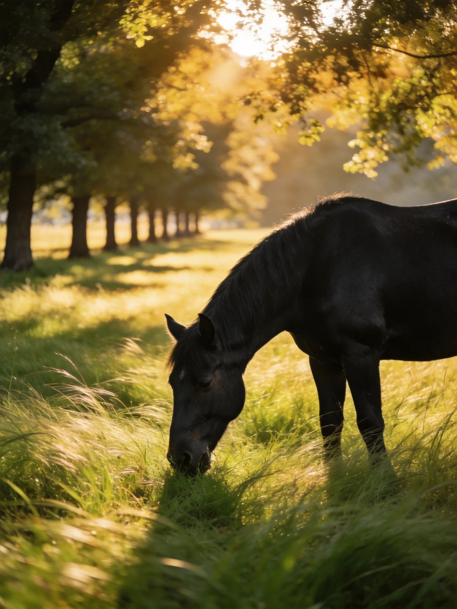 A black horse grazing in a sunlit grassy field with tall trees