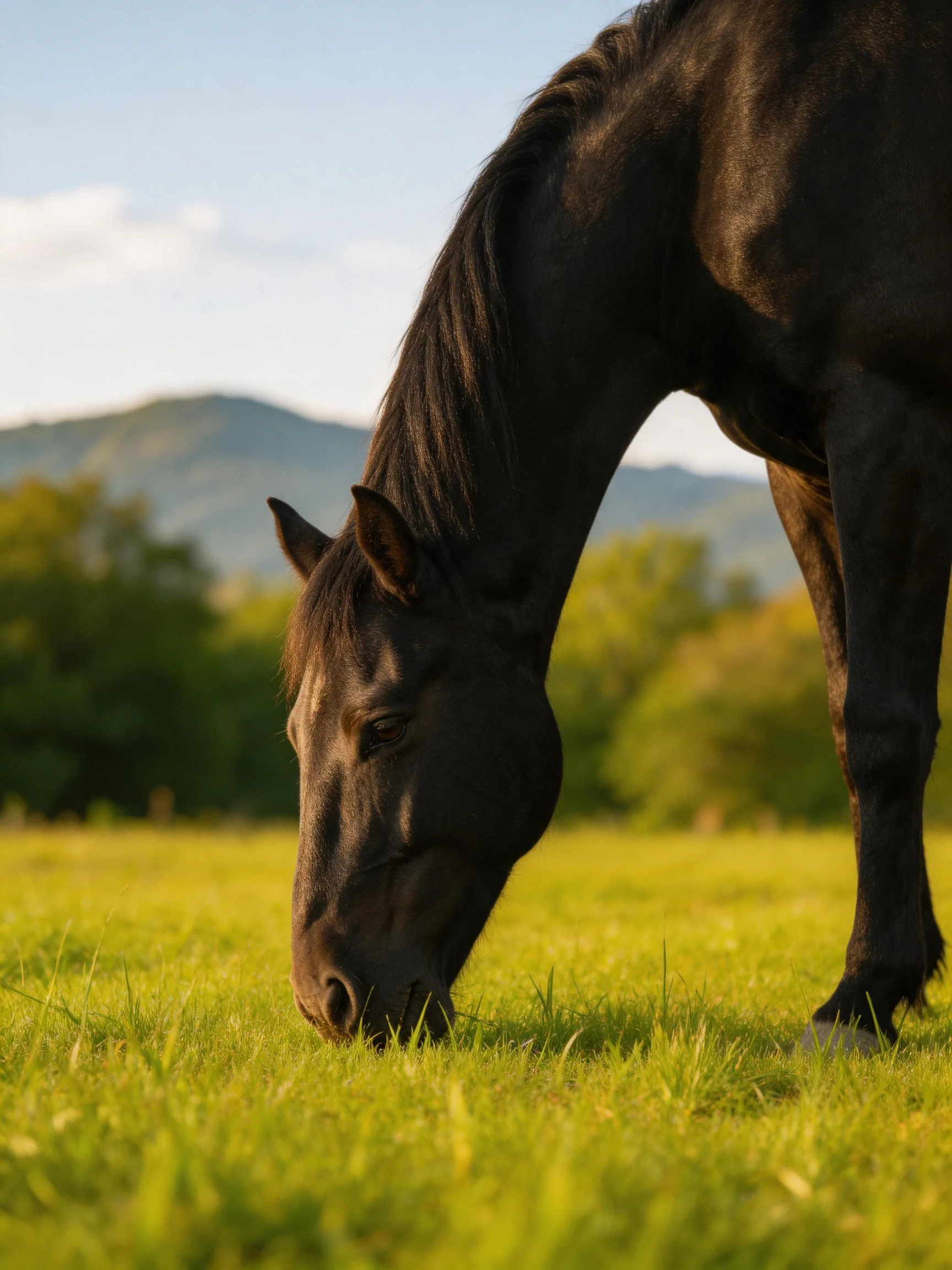 A black horse grazes in a sunlit green pasture near distant hills.