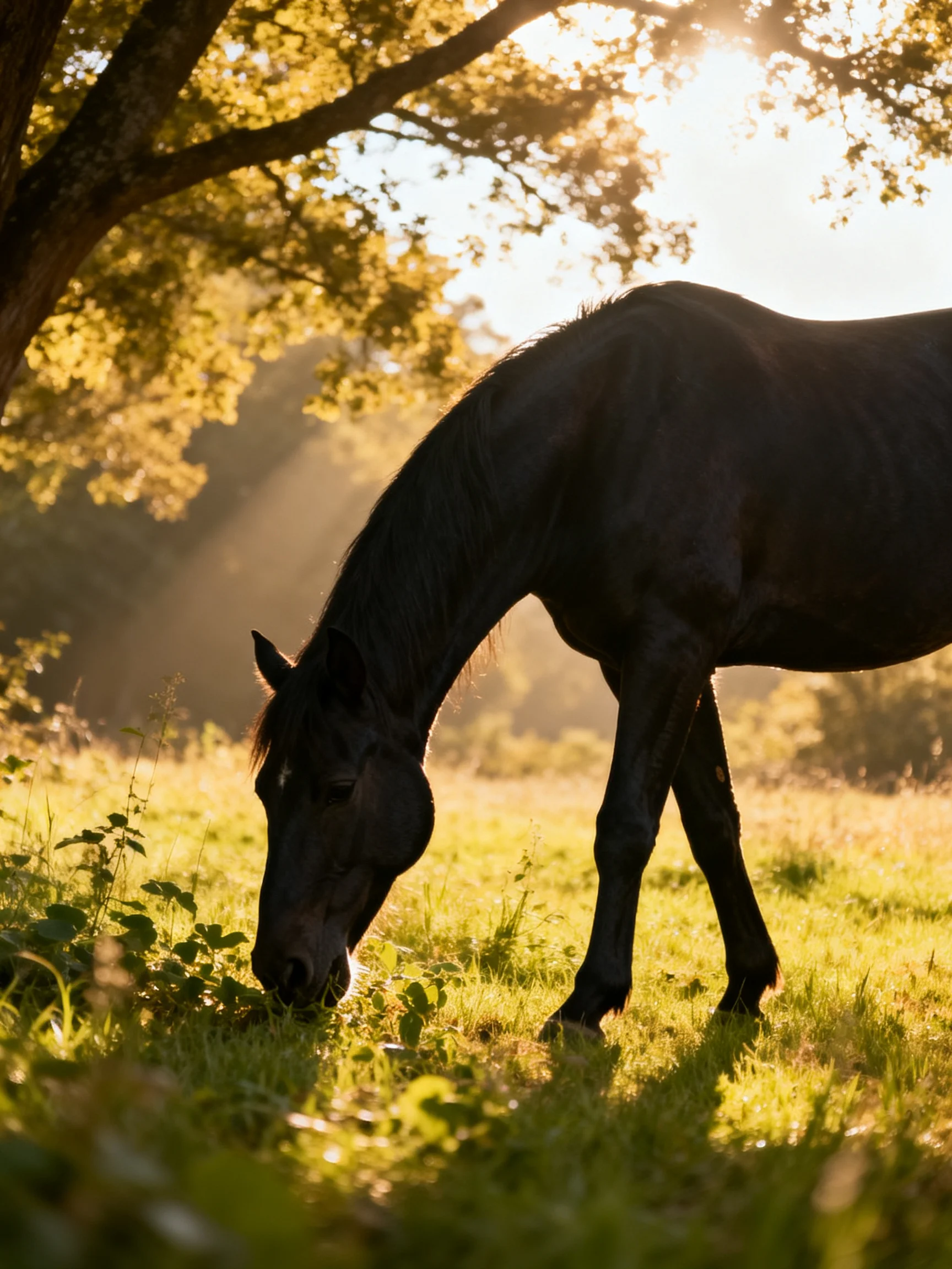 A black horse grazing in a sunlit meadow near trees