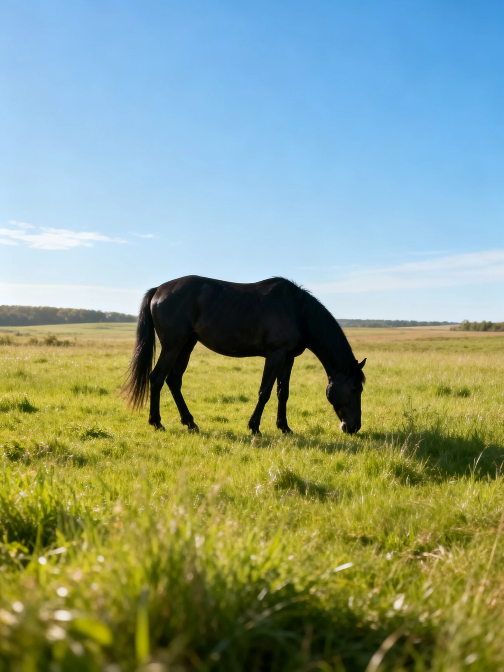 A black horse grazing in a vast green meadow under clear blue sky