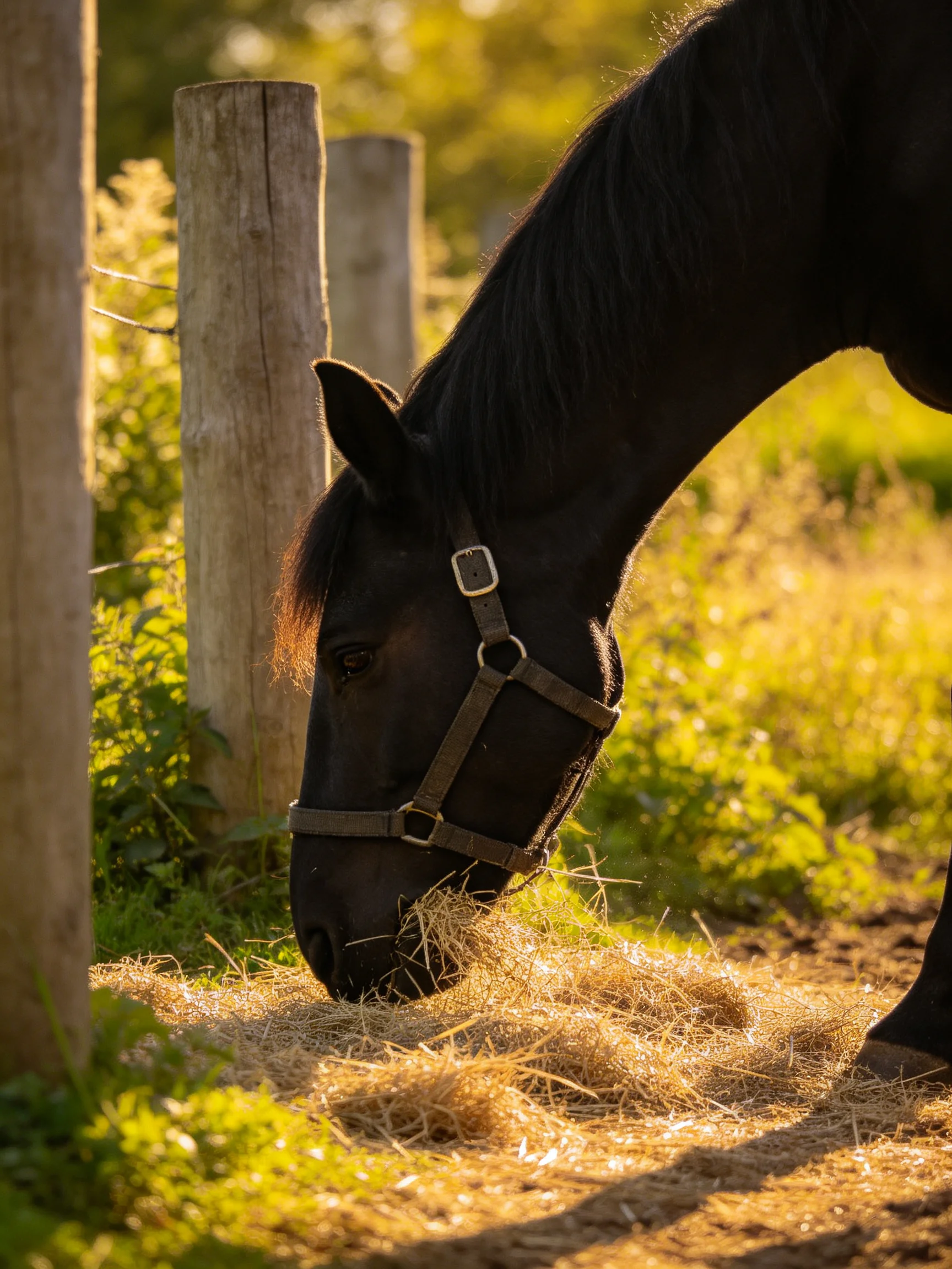 A black horse grazing on golden hay near wooden fence posts