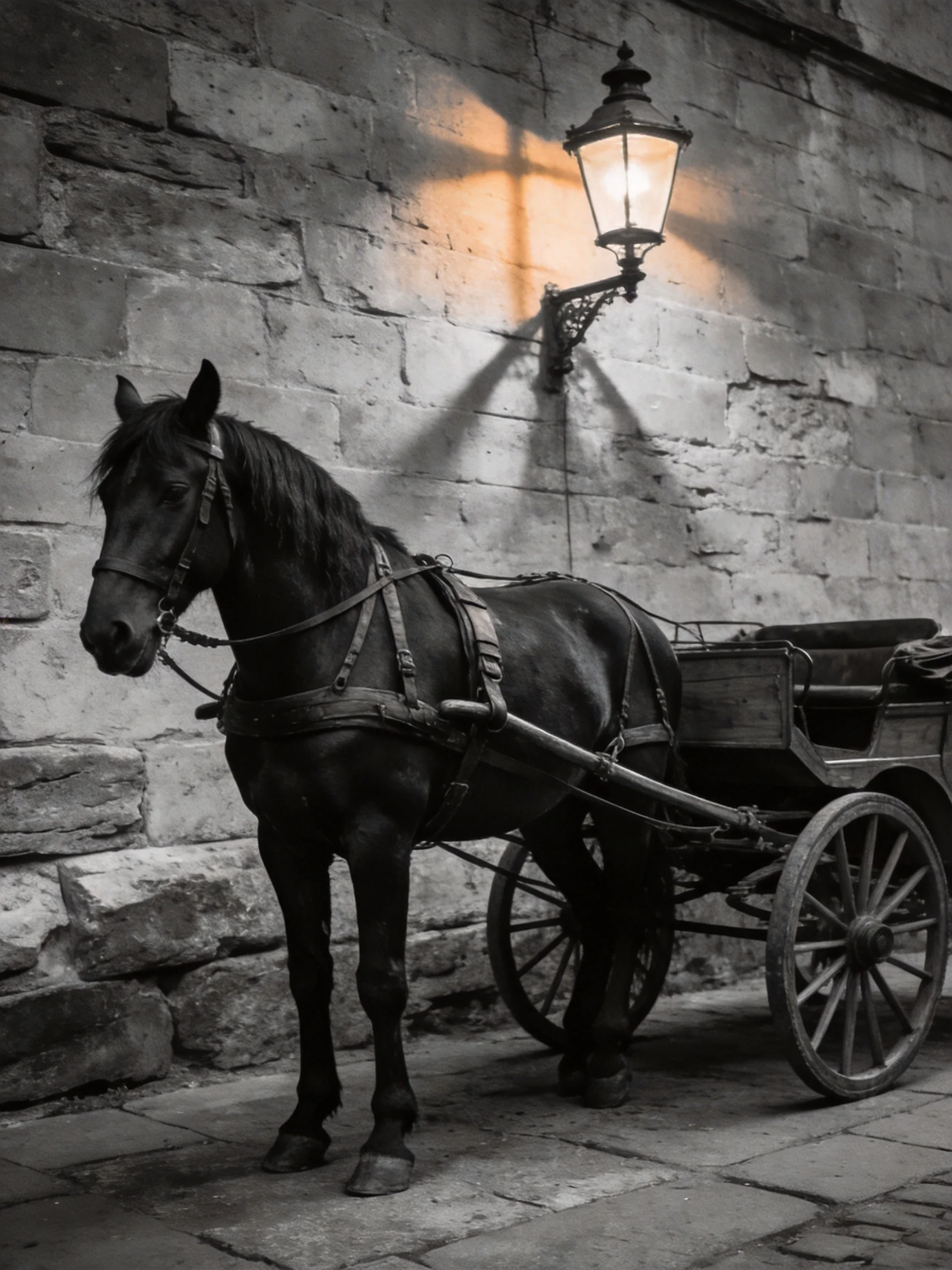 A black horse harnessed to an old wooden carriage beside a weathered stone wall