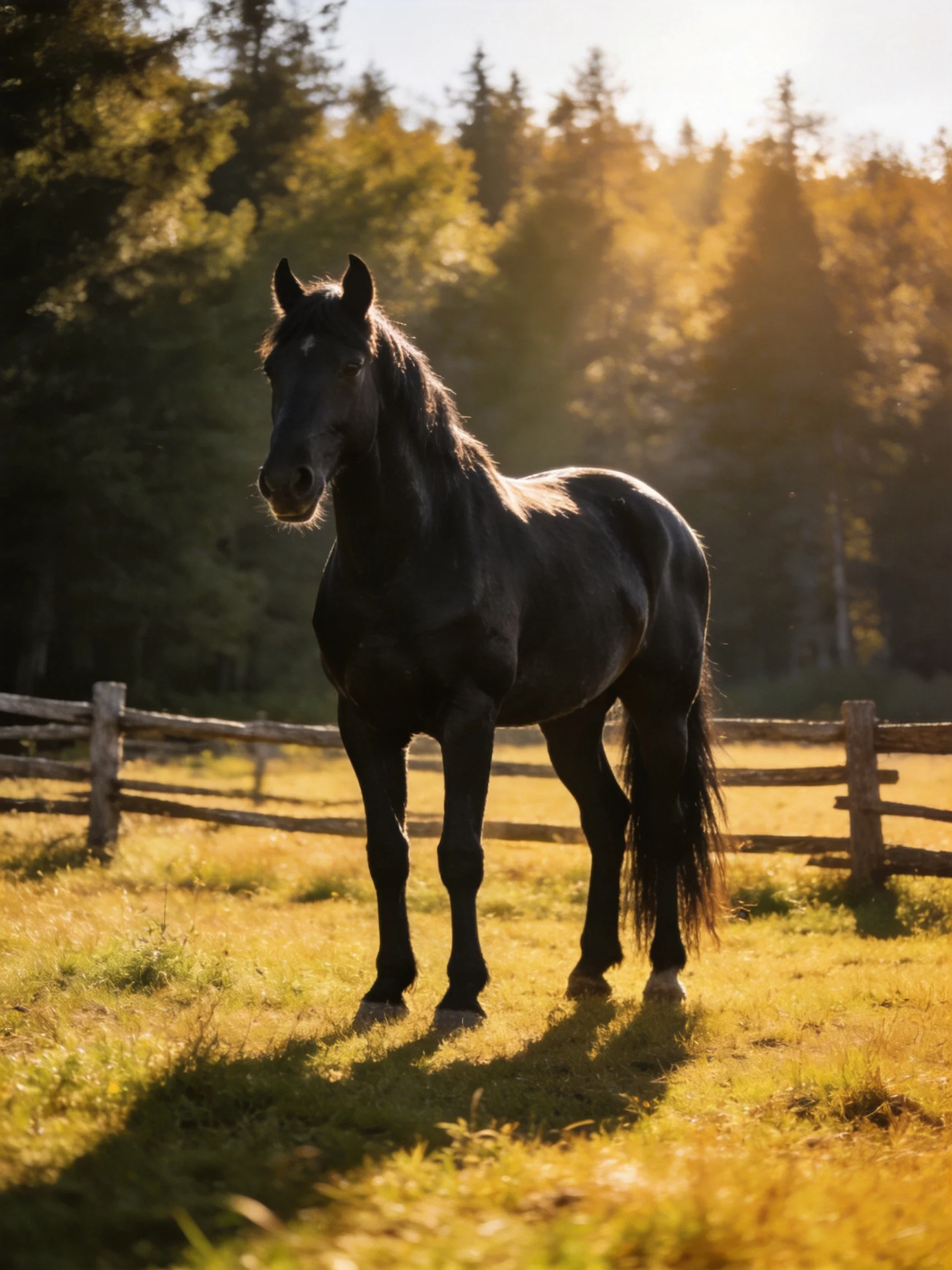 A black horse in a sunlit fenced pasture with trees