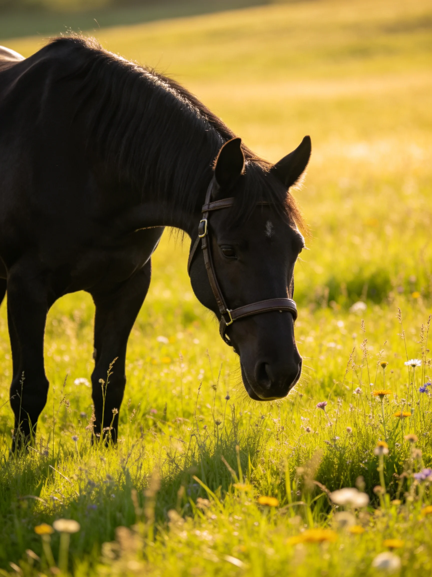 A black horse grazes in a sunlit meadow with wildflowers.