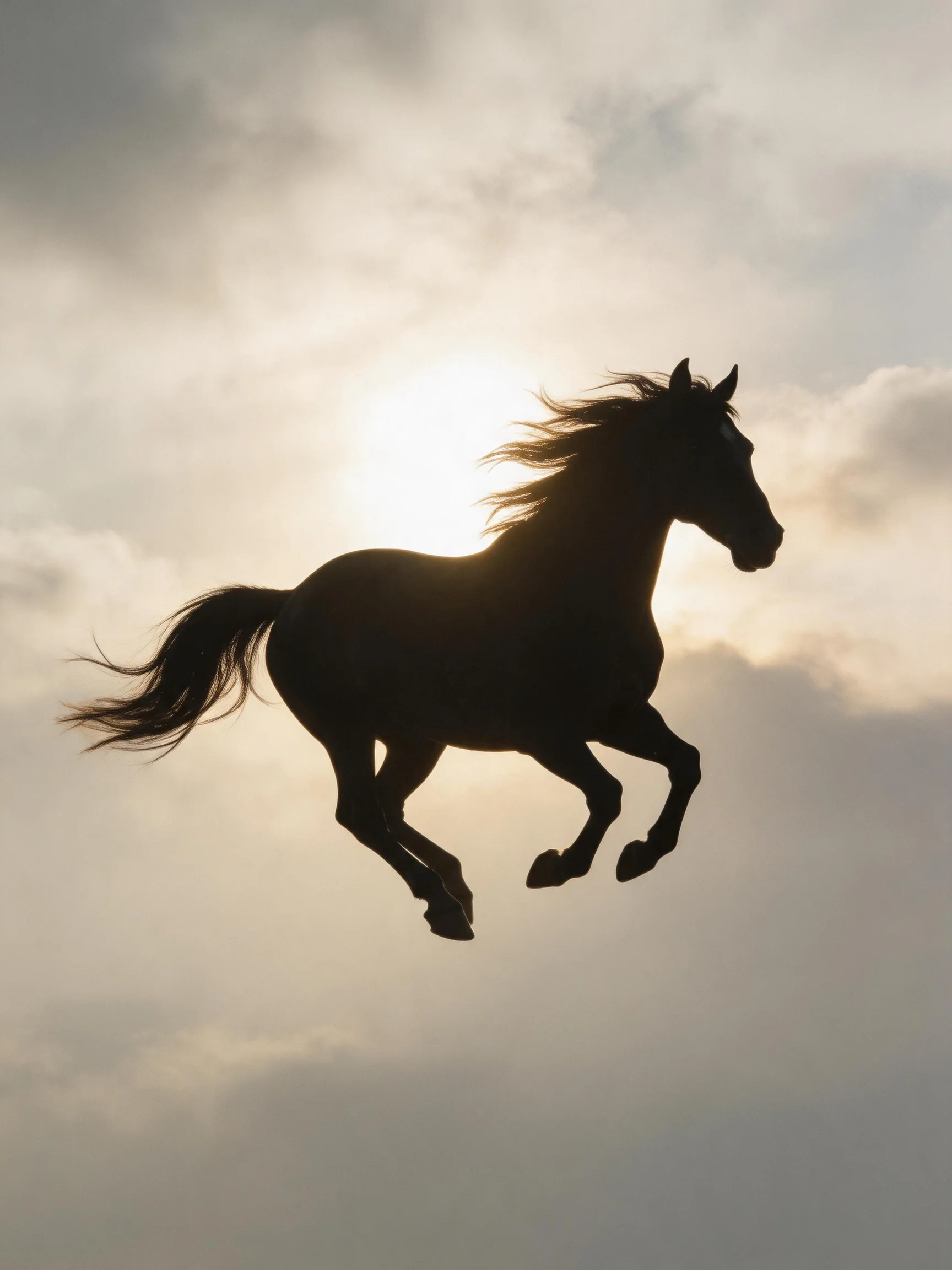 A black horse leaps against the sunlit cloudy sky