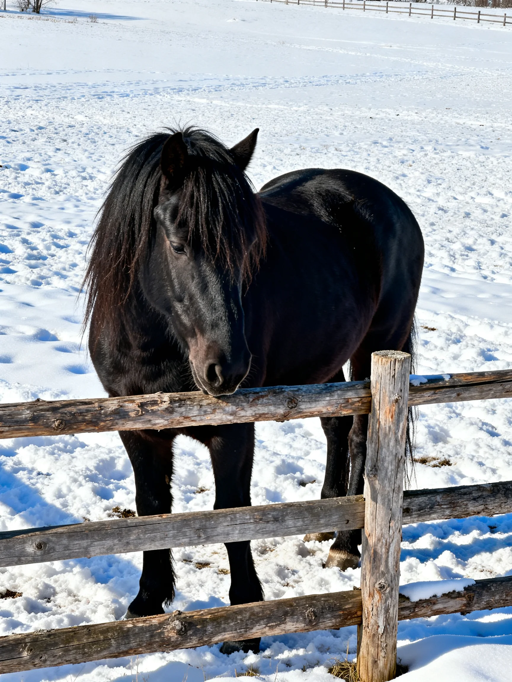 A black horse near a weathered wooden fence in a snowy field