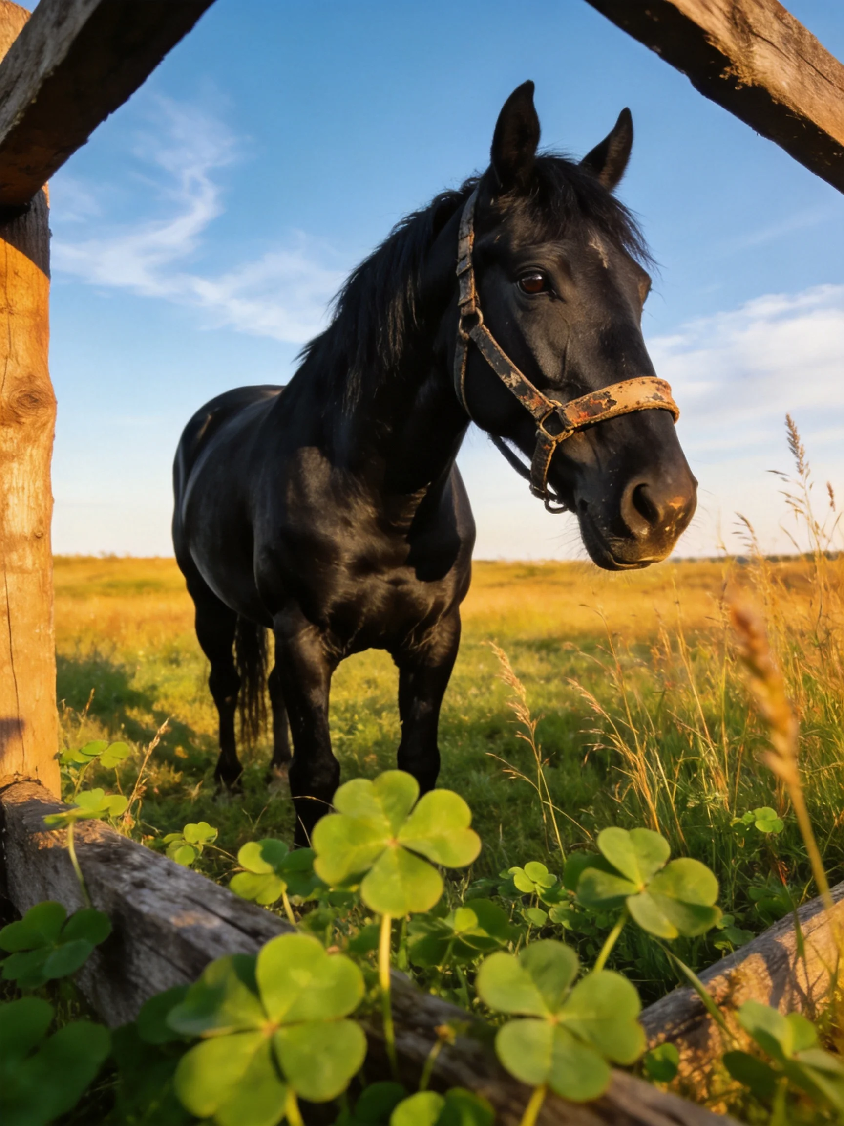 A black horse near a wooden frame with clover and golden fields