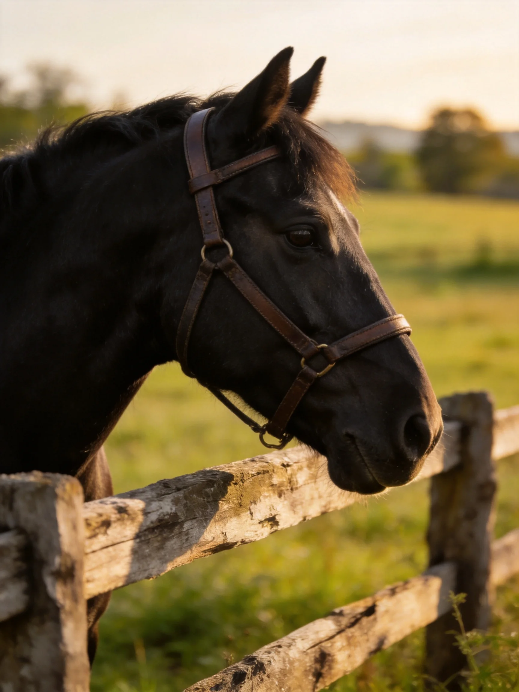 A black horse near an aged wooden fence in a sunlit pasture
