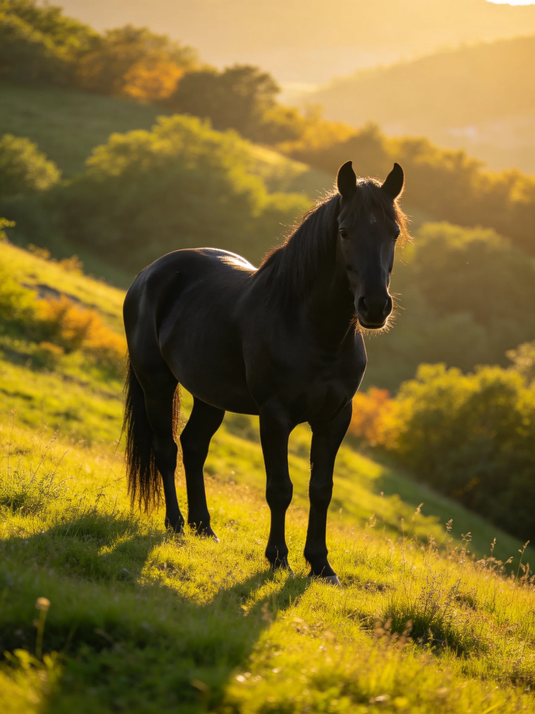 A black horse on a sunlit green hillside with golden light