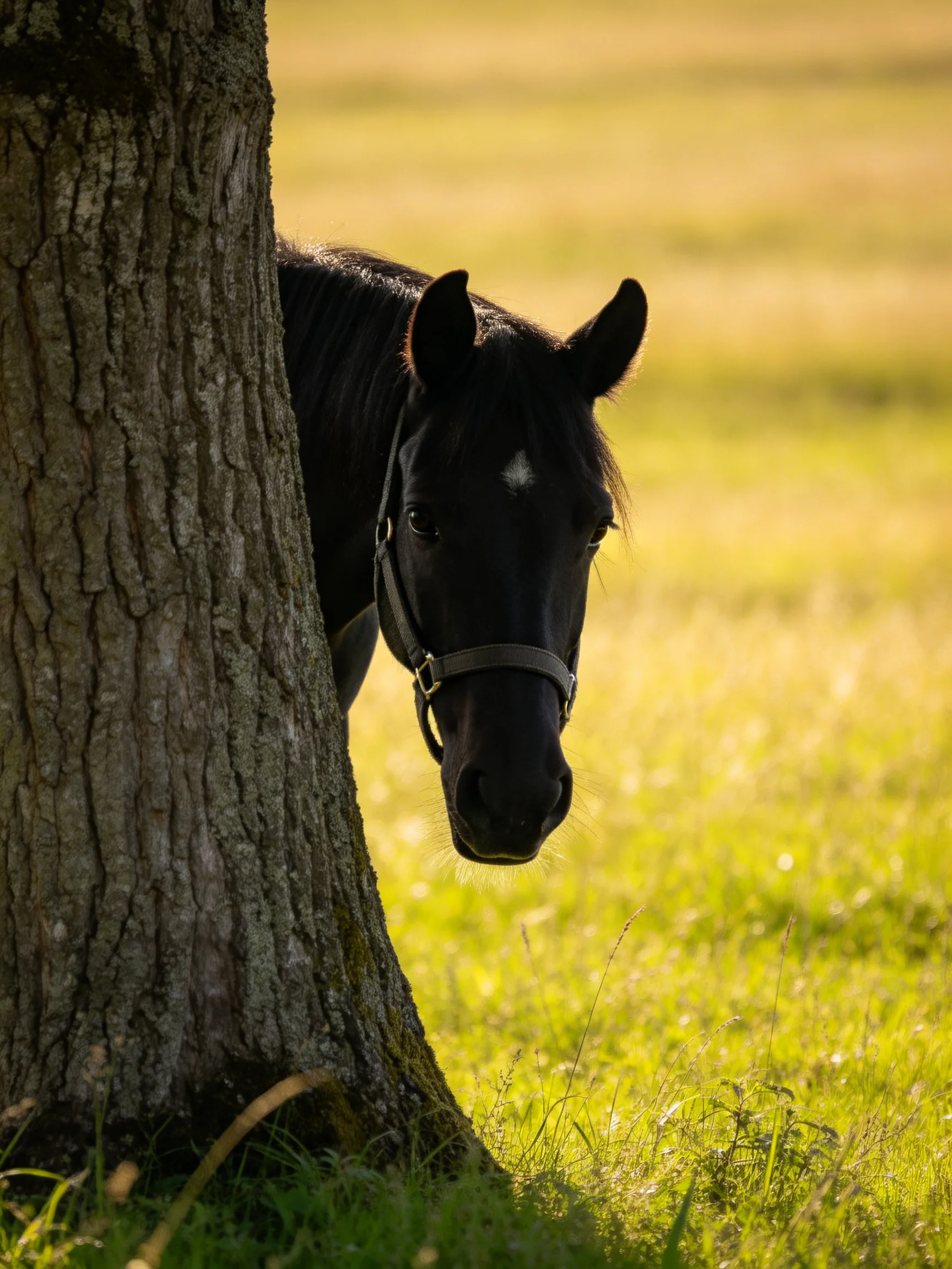 A black horse partially hidden by a large tree in a sunlit meadow