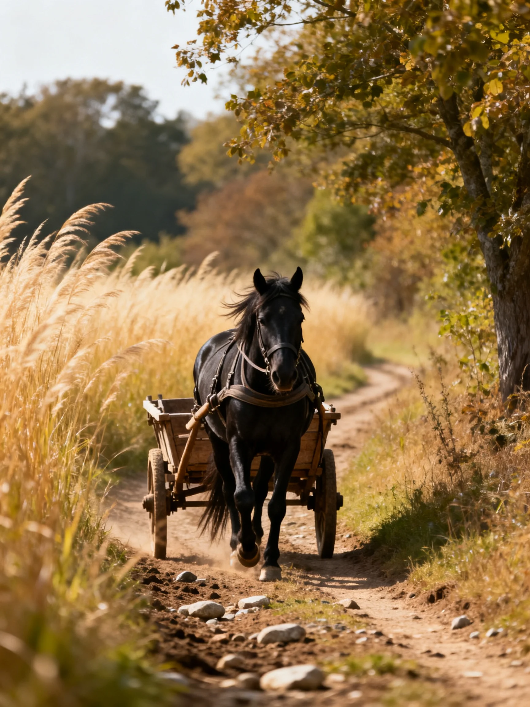 A black horse pulls a wooden cart along a winding dirt path