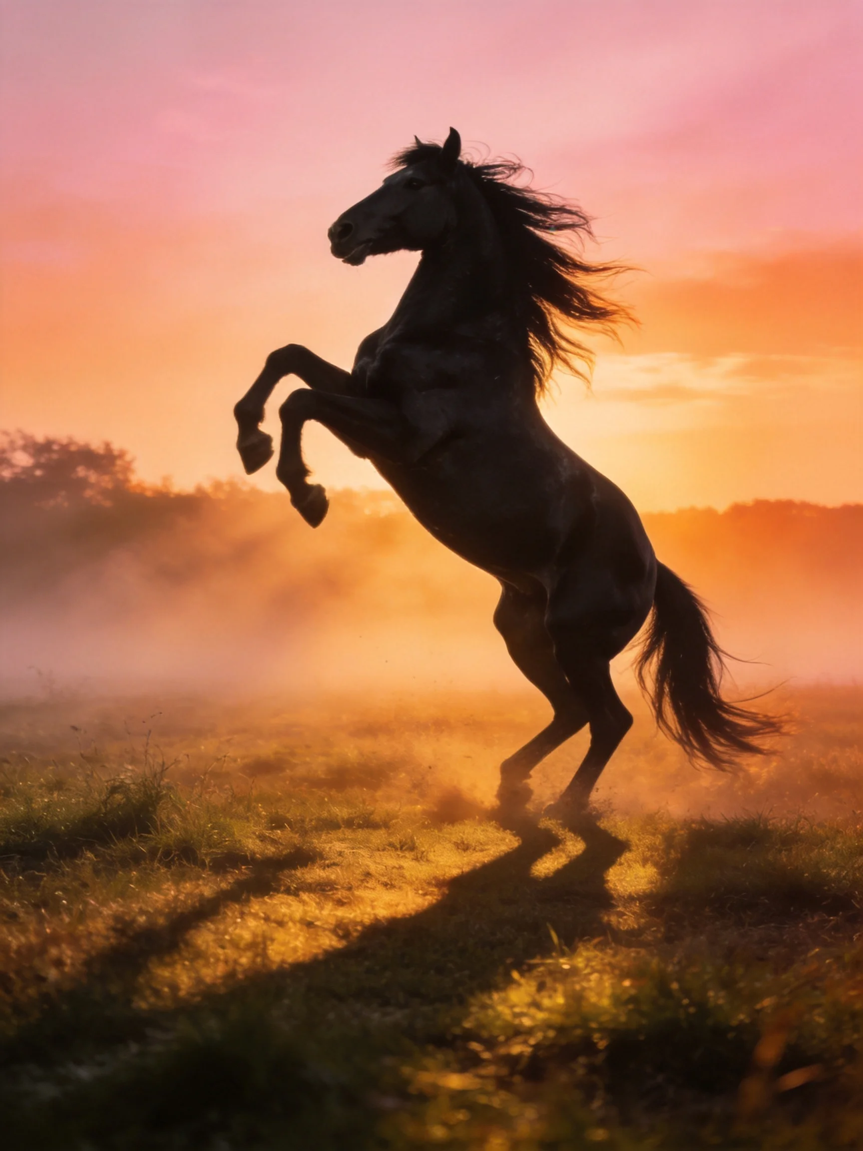 A black horse rears against a vibrant sunset over dusty fields