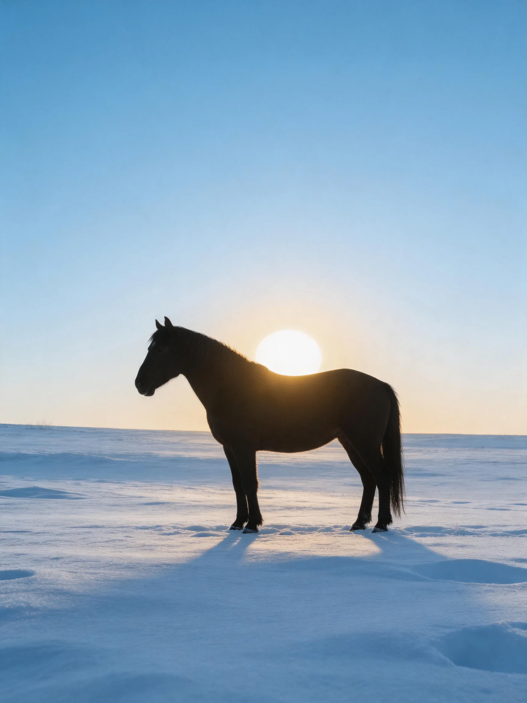 A black horse silhouetted by the sun on a snowy landscape with clear blue sky