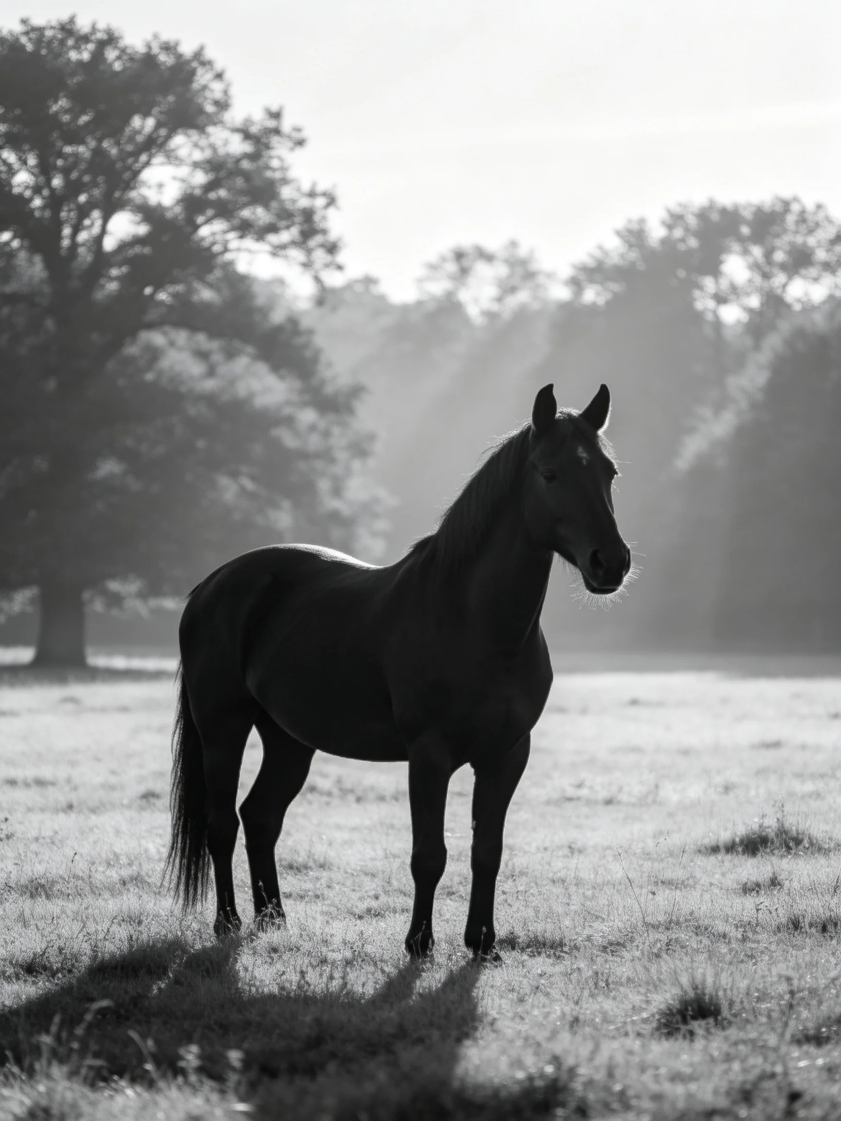 A black horse stands alone in a misty field near large trees