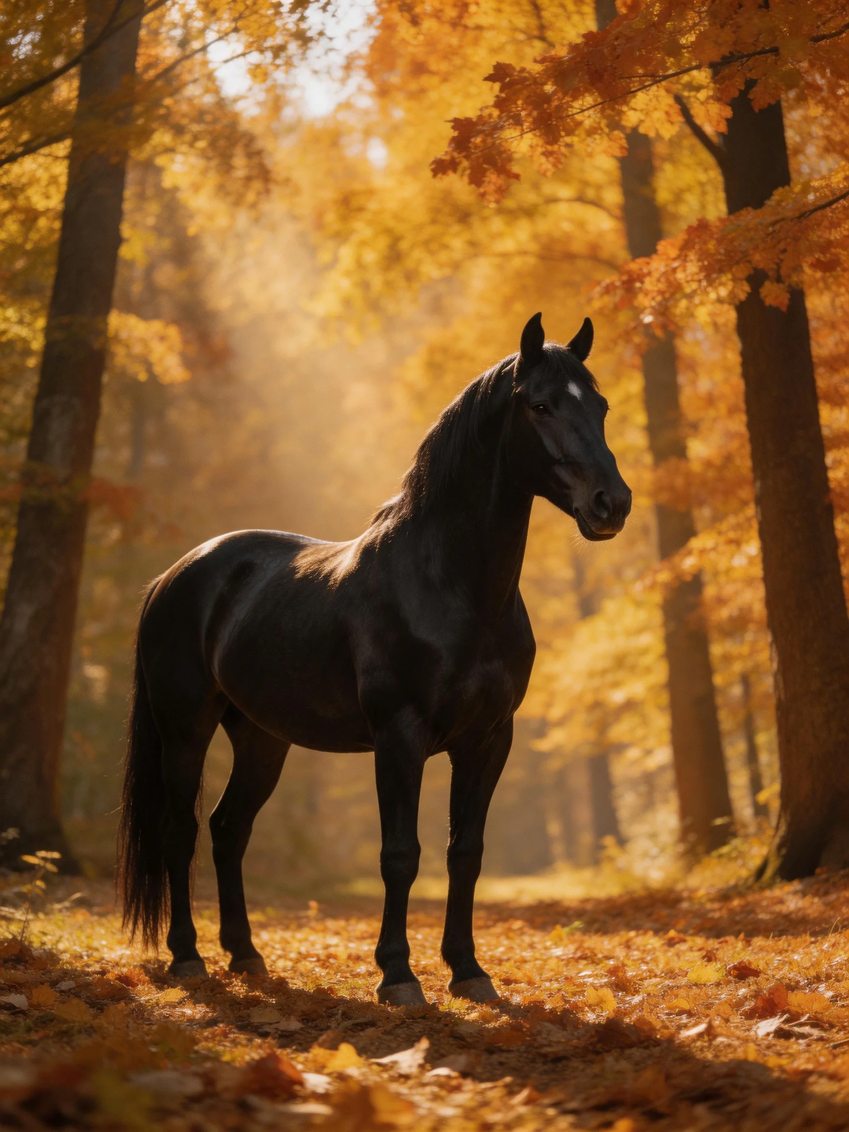 A black horse stands in a forest with golden autumn leaves