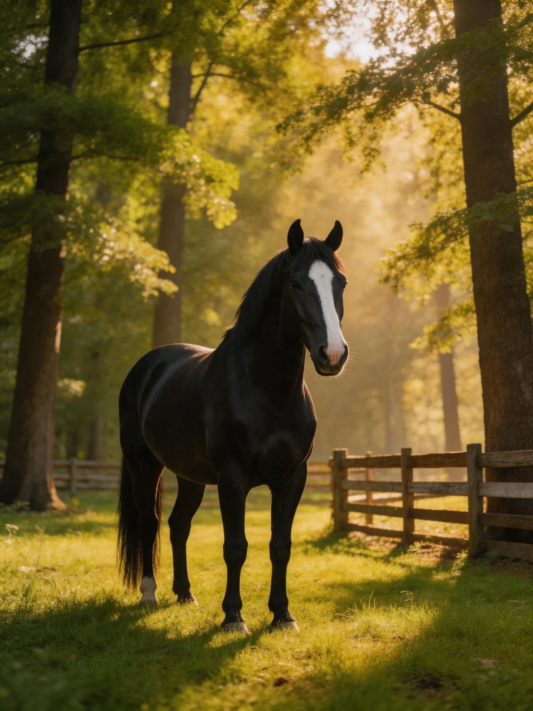 A black horse stands in a sunlit forest clearing near a wooden fence