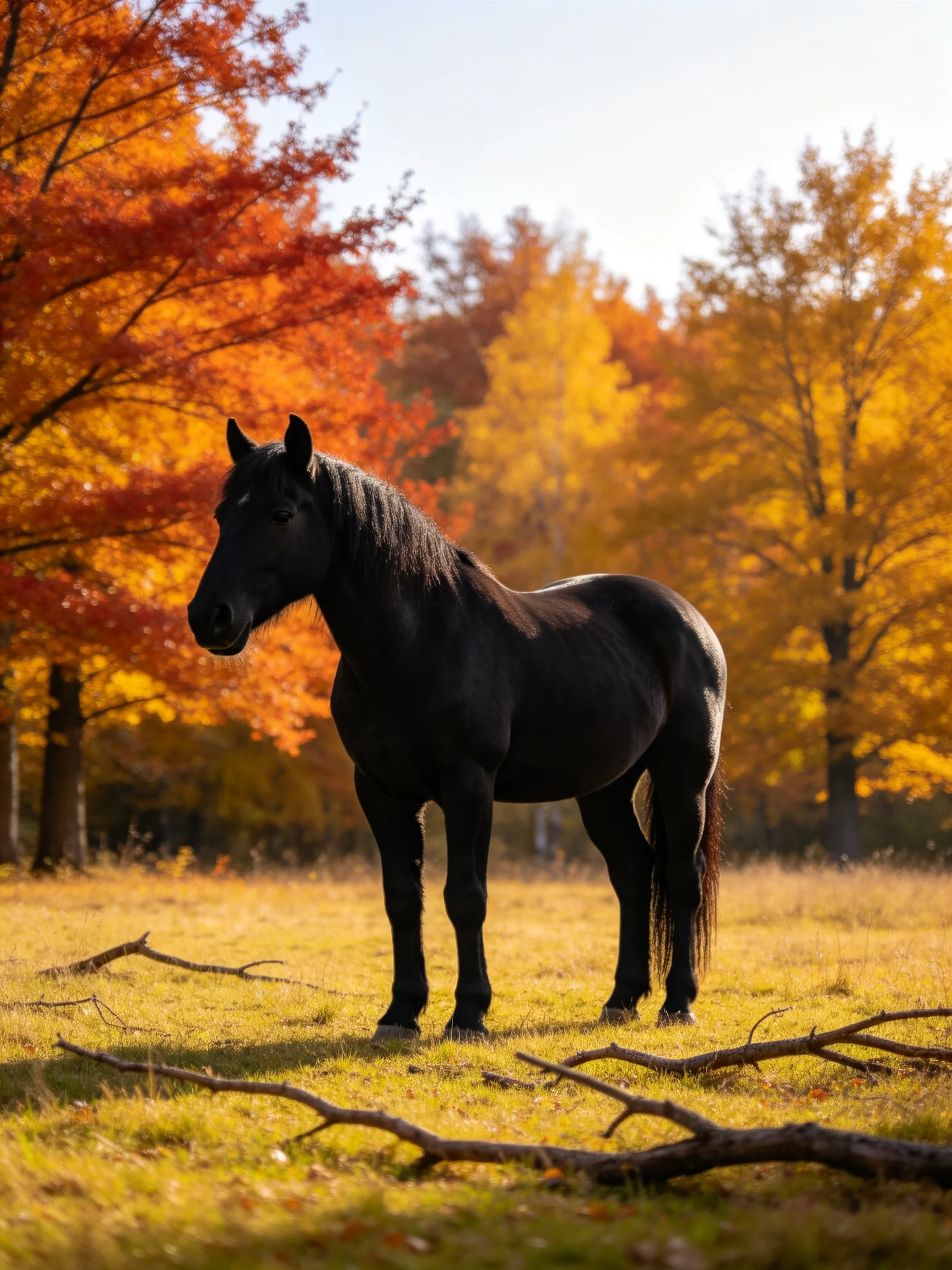 A black horse stands in an autumn meadow with golden-orange trees