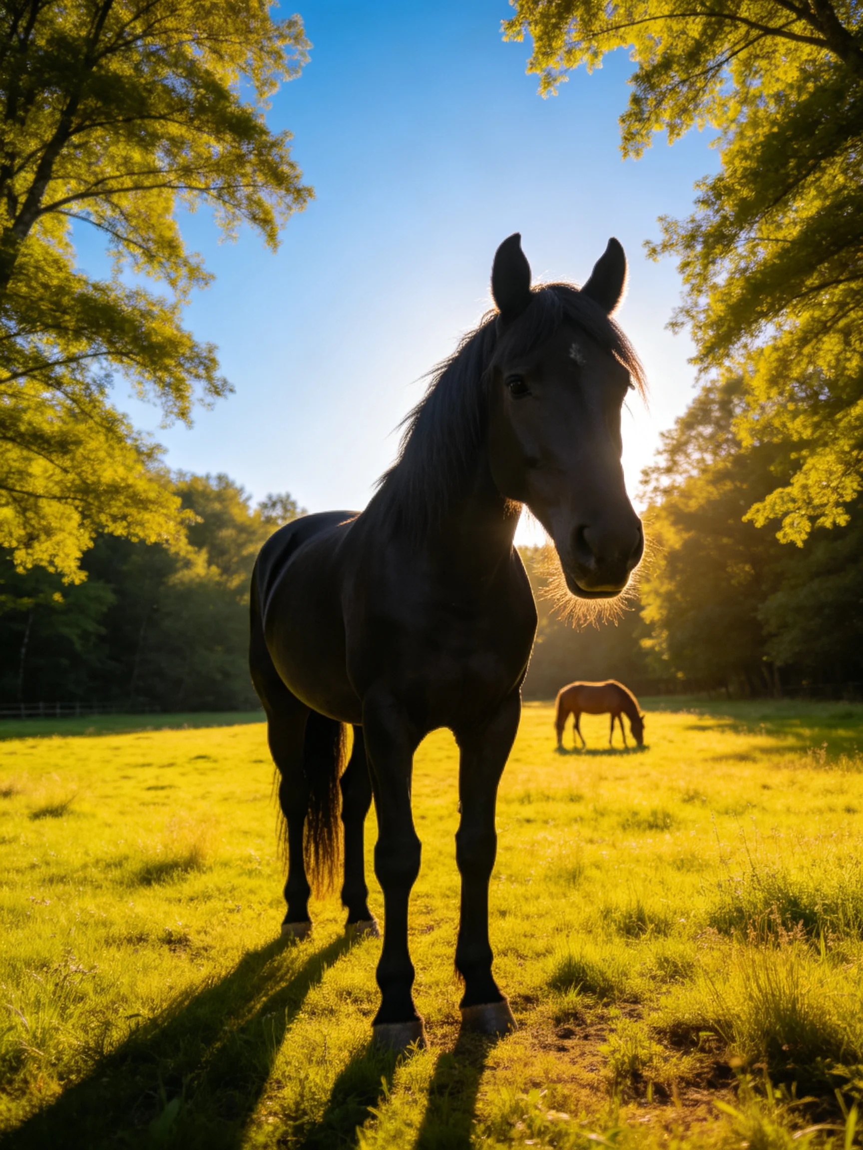 Twohorses graze in a sunlit meadow with lush greenery.