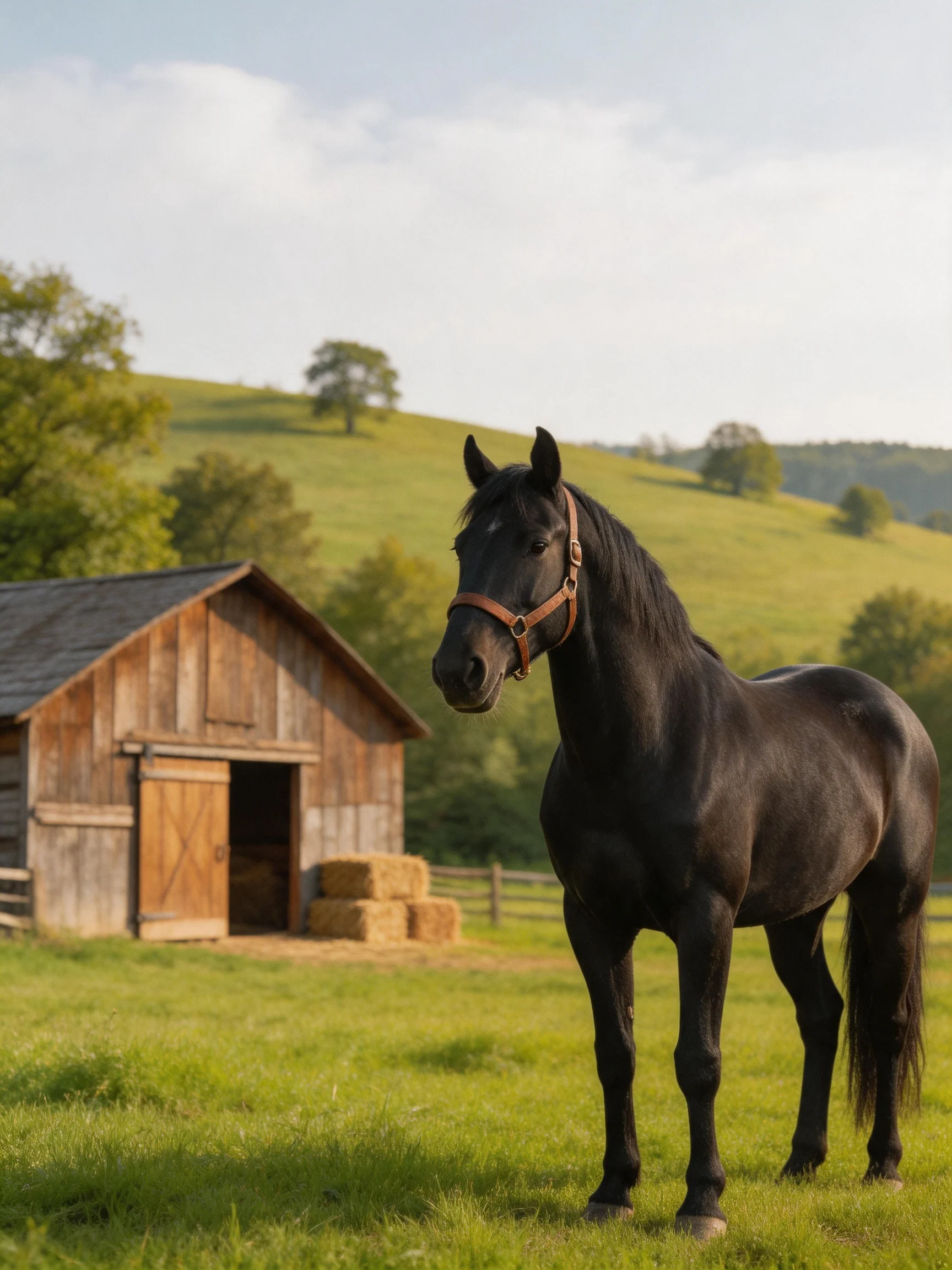A black horse stands near an old wooden barn with hay bales