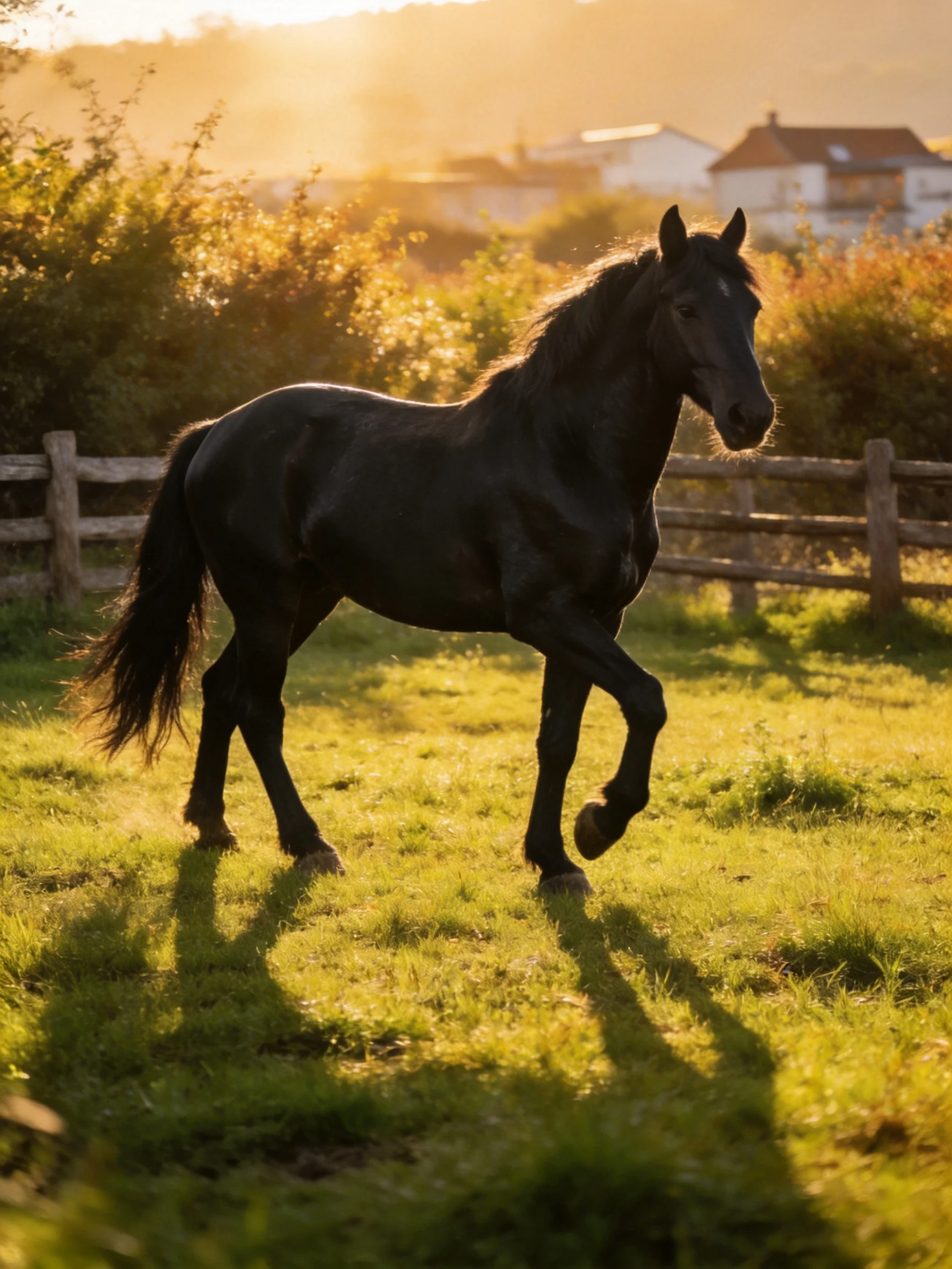A black horse trotting in a sunlit green pasture near a wooden fence
