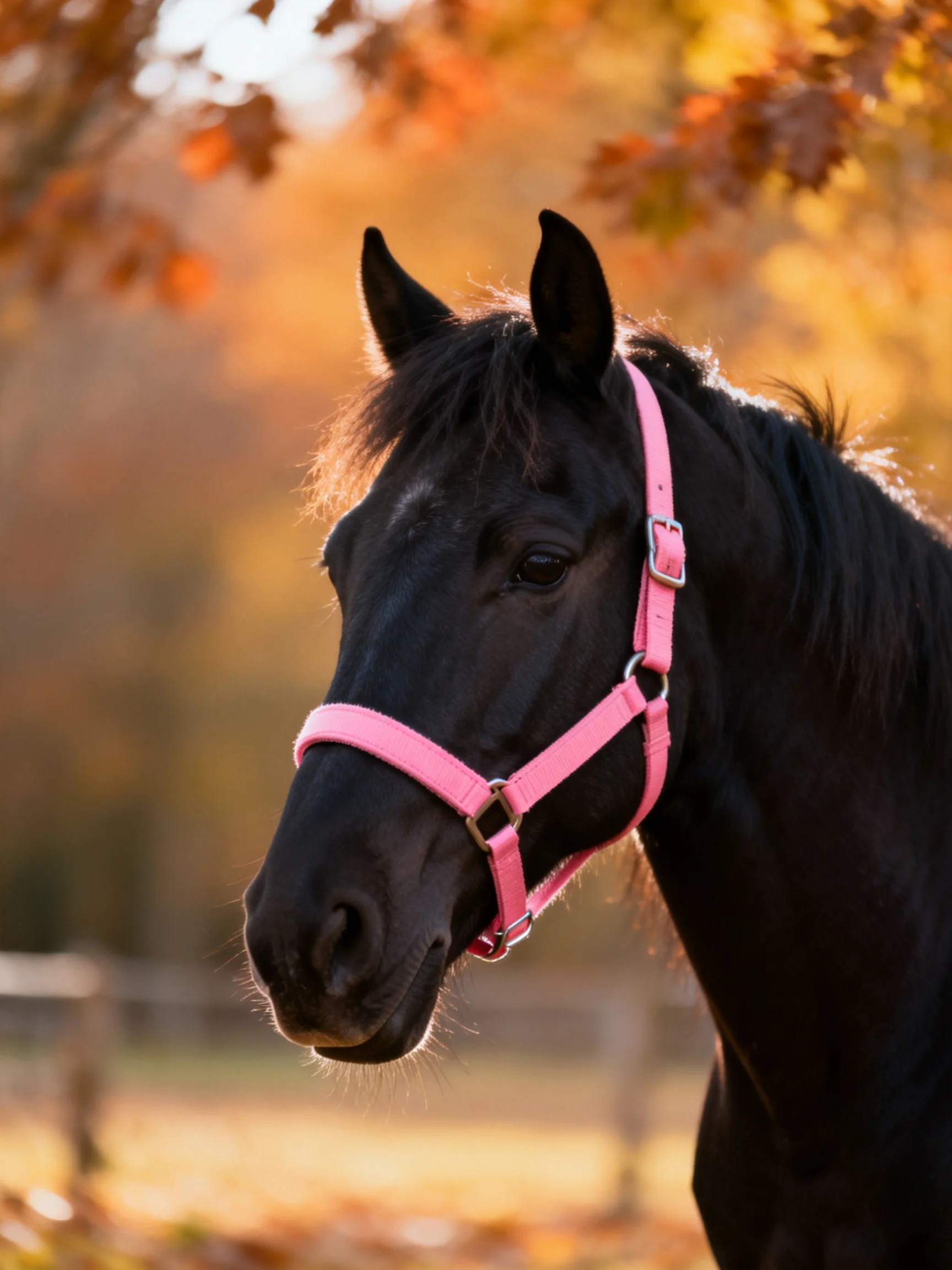 A black horse wearing a bright pink halter amid autumn foliage
