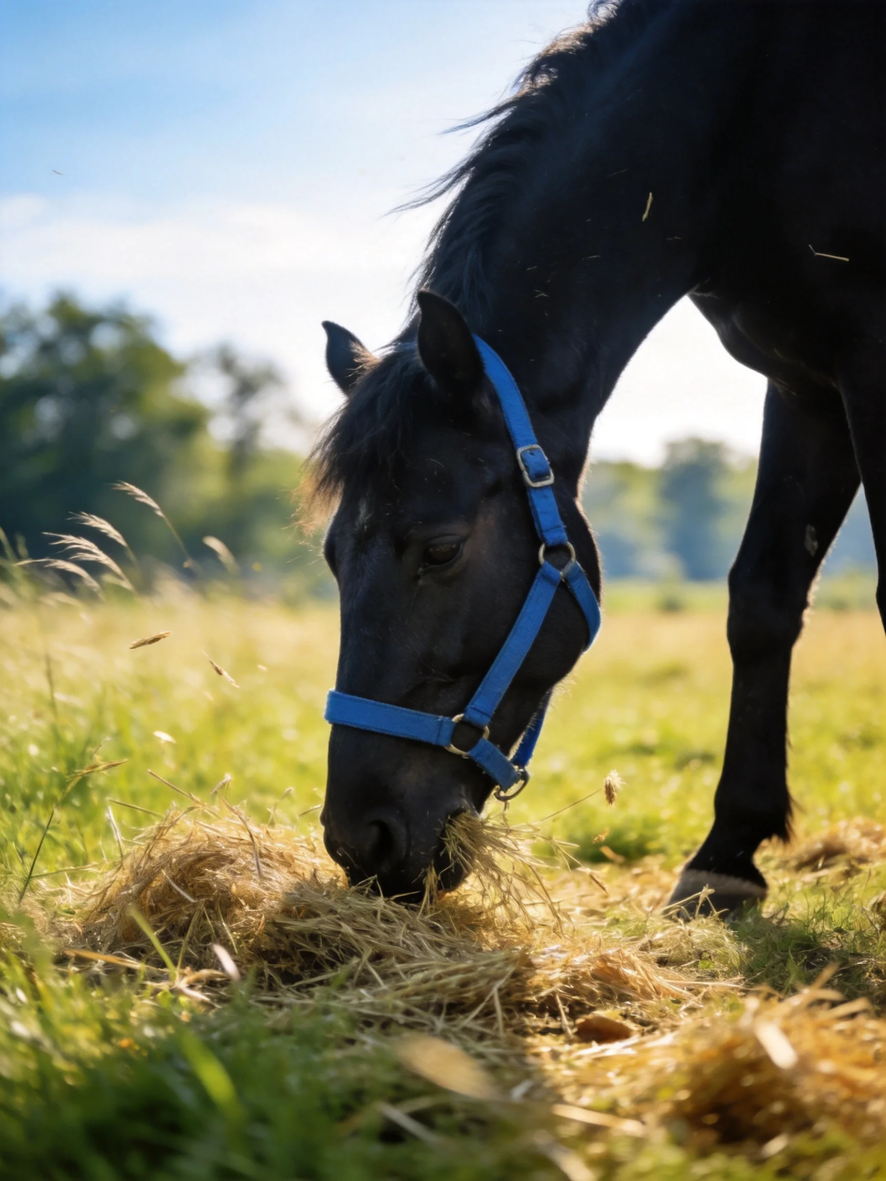 A black horse with a blue halter grazing on hay in a sunny field