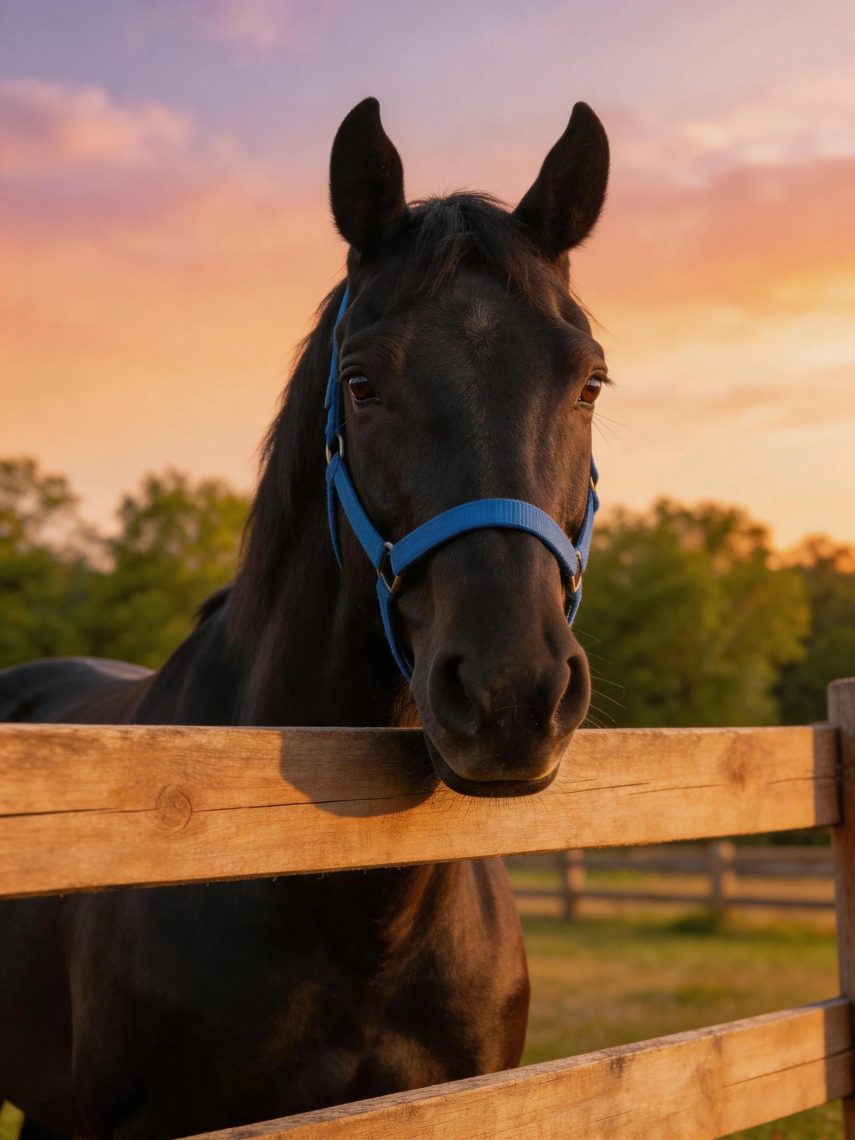 A black horse with a blue halter near a wooden fence at sunset