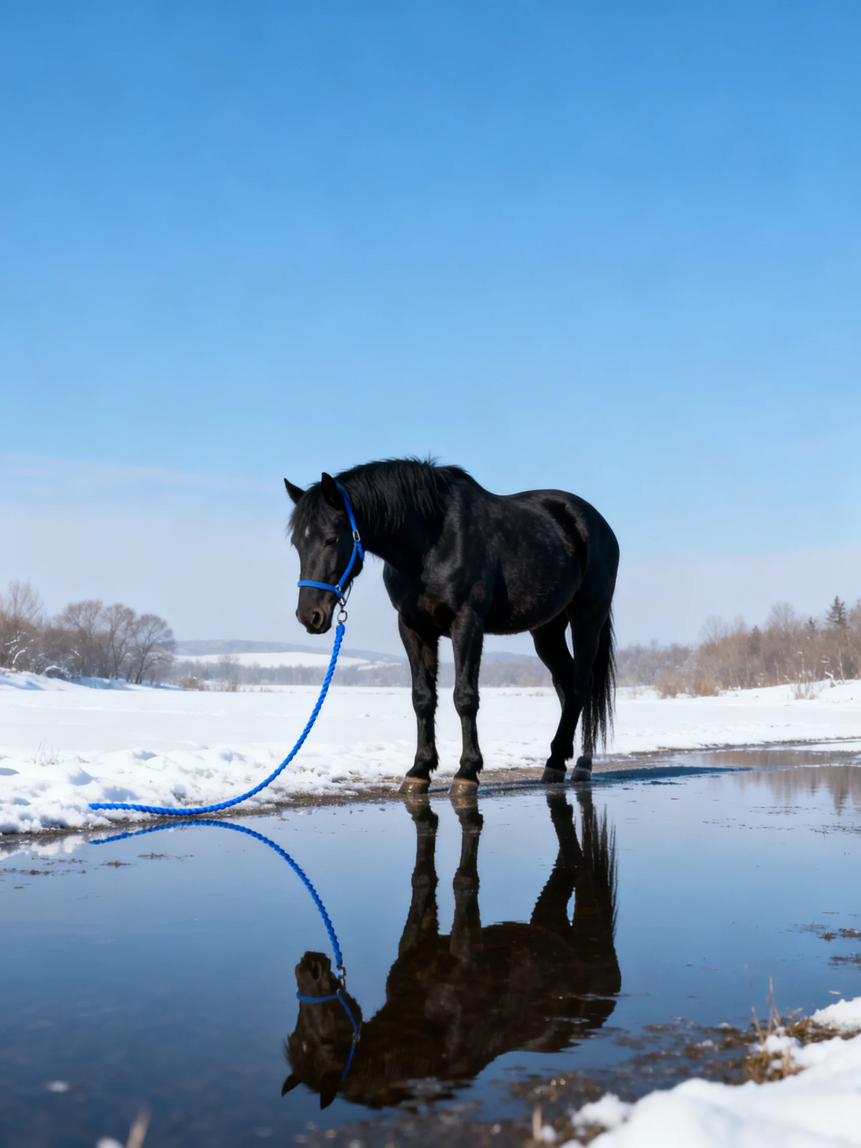 A black horse with a blue lead rope stands near a reflective puddle in snow