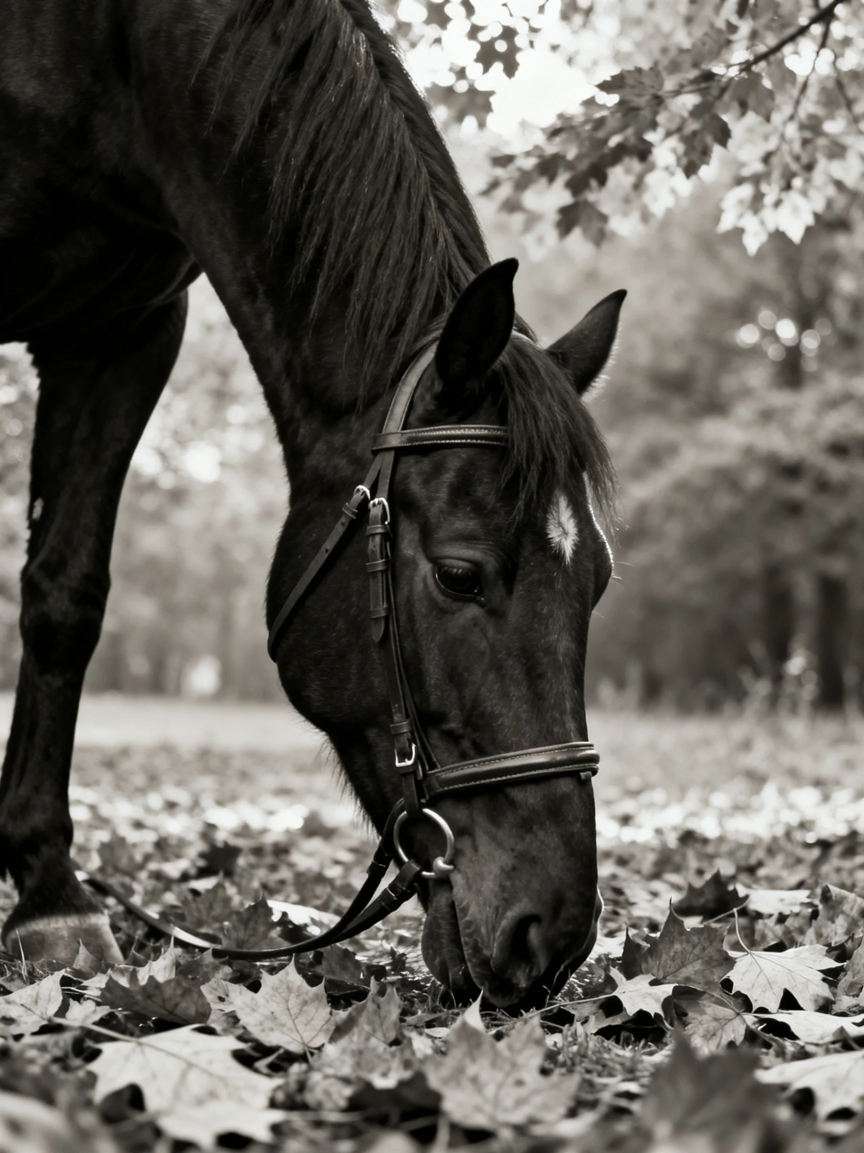 A black horse with a bridle grazing among fallen leaves in a wooded area