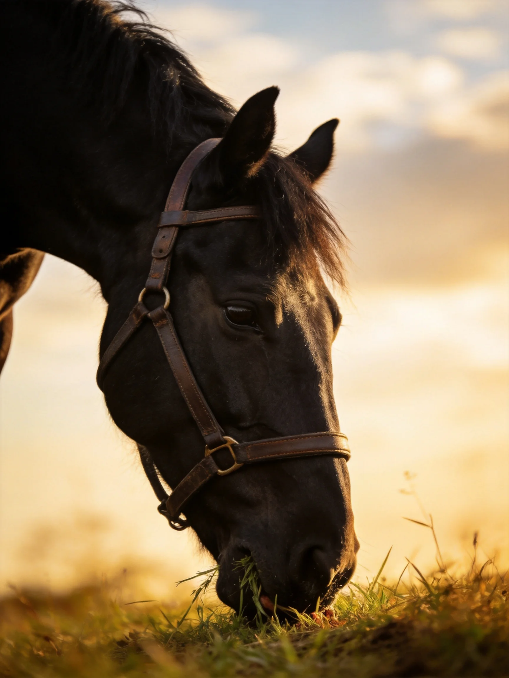 A black horse with a brown bridle grazing in golden-hour light