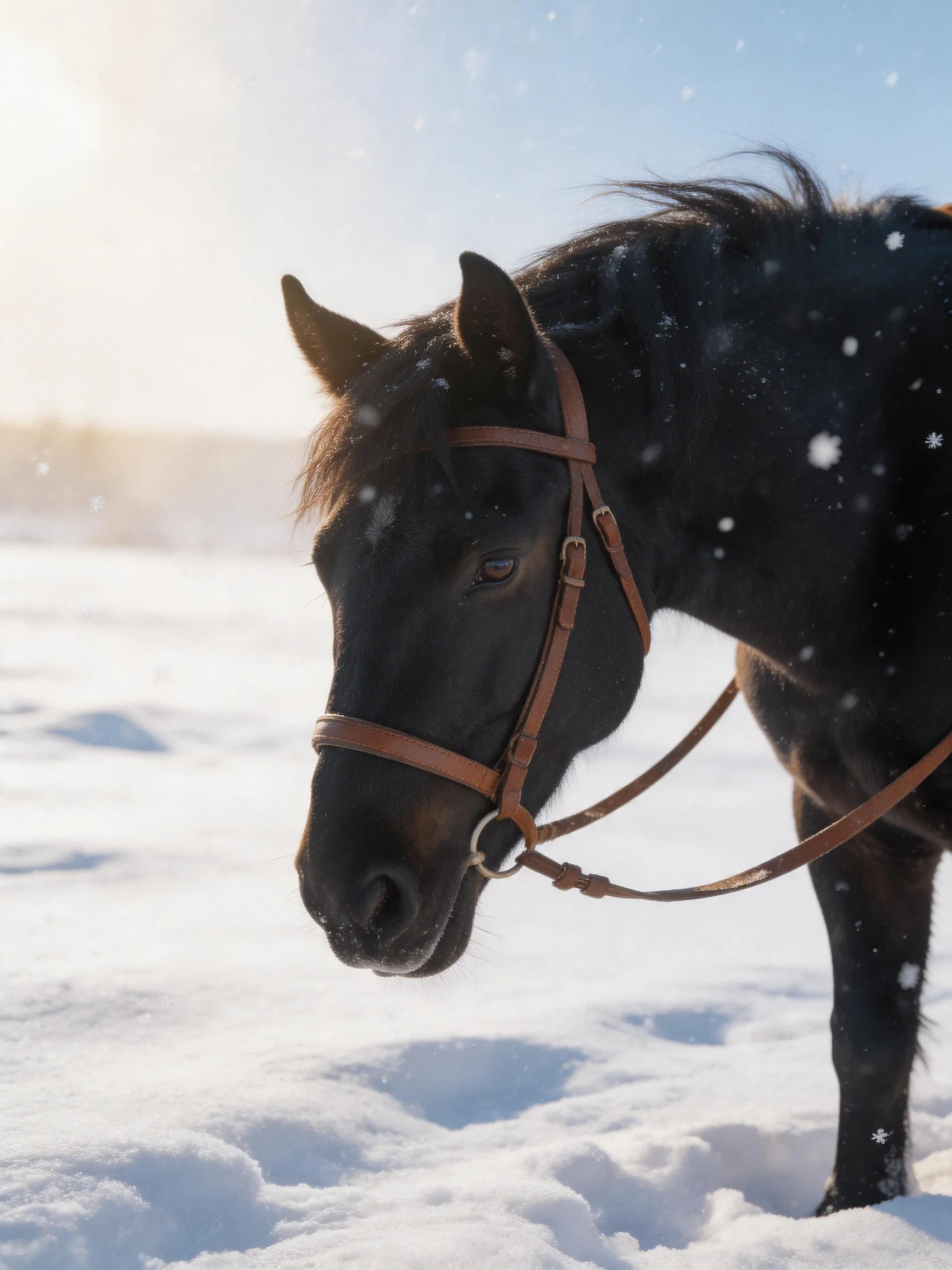 A black horse with a brown bridle stands in a snowy landscape with falling snowflakes