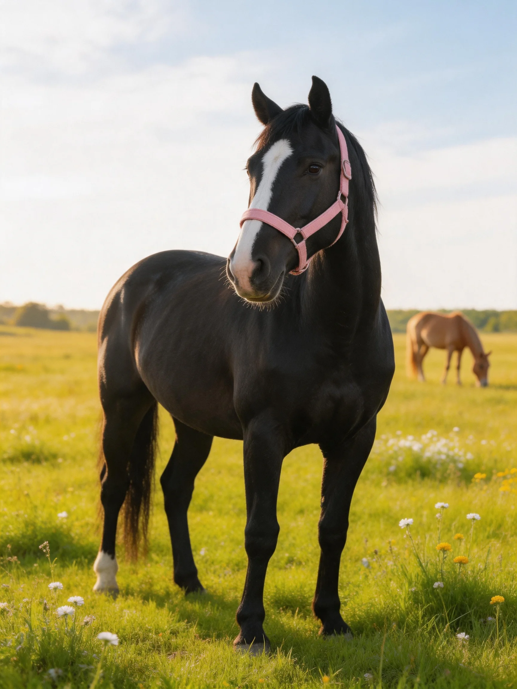 A black horse with a pink halter in a sunlit meadow near a brown horse
