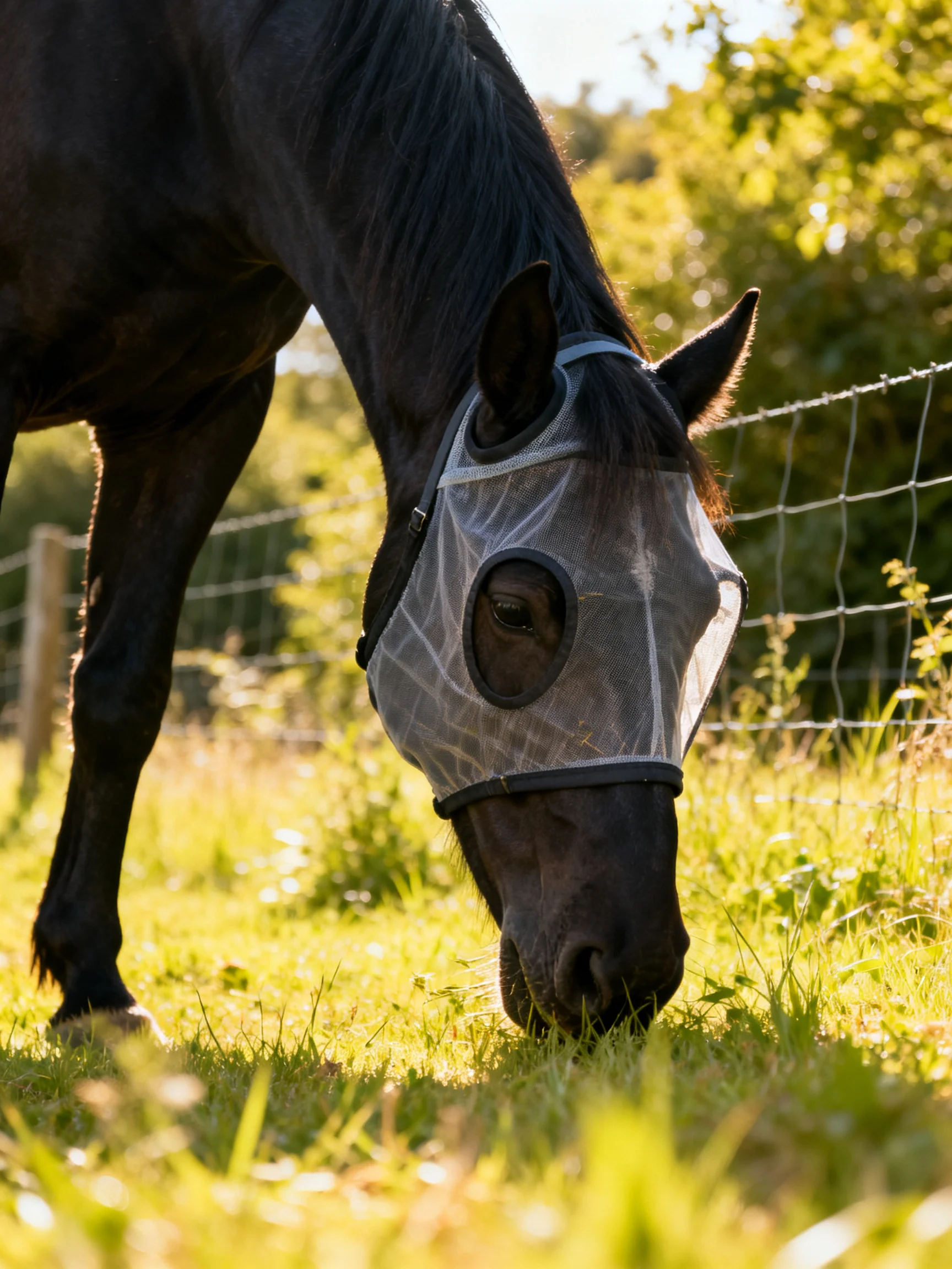 A horse with a fly mask feeds on grass near a wire fence in bright daylight
