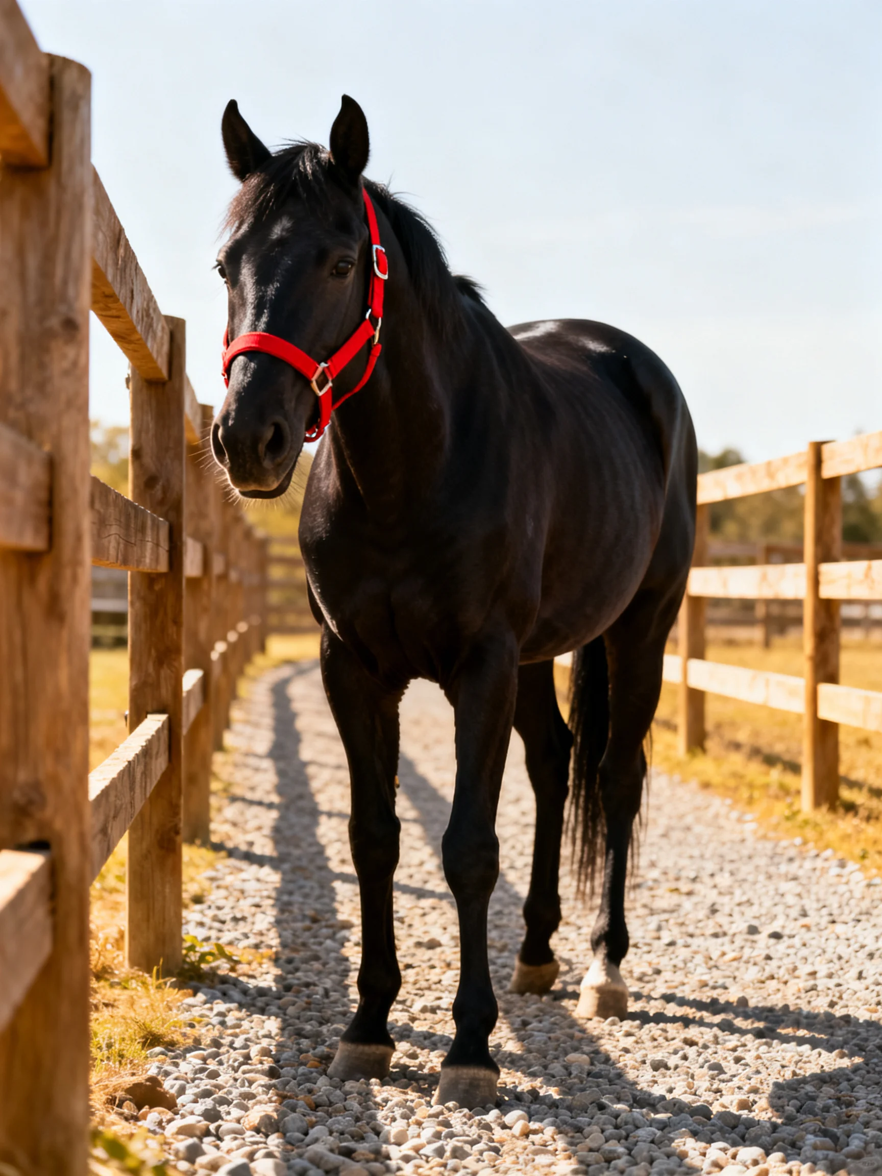 A black horse with a red halter stands by a wooden fence
