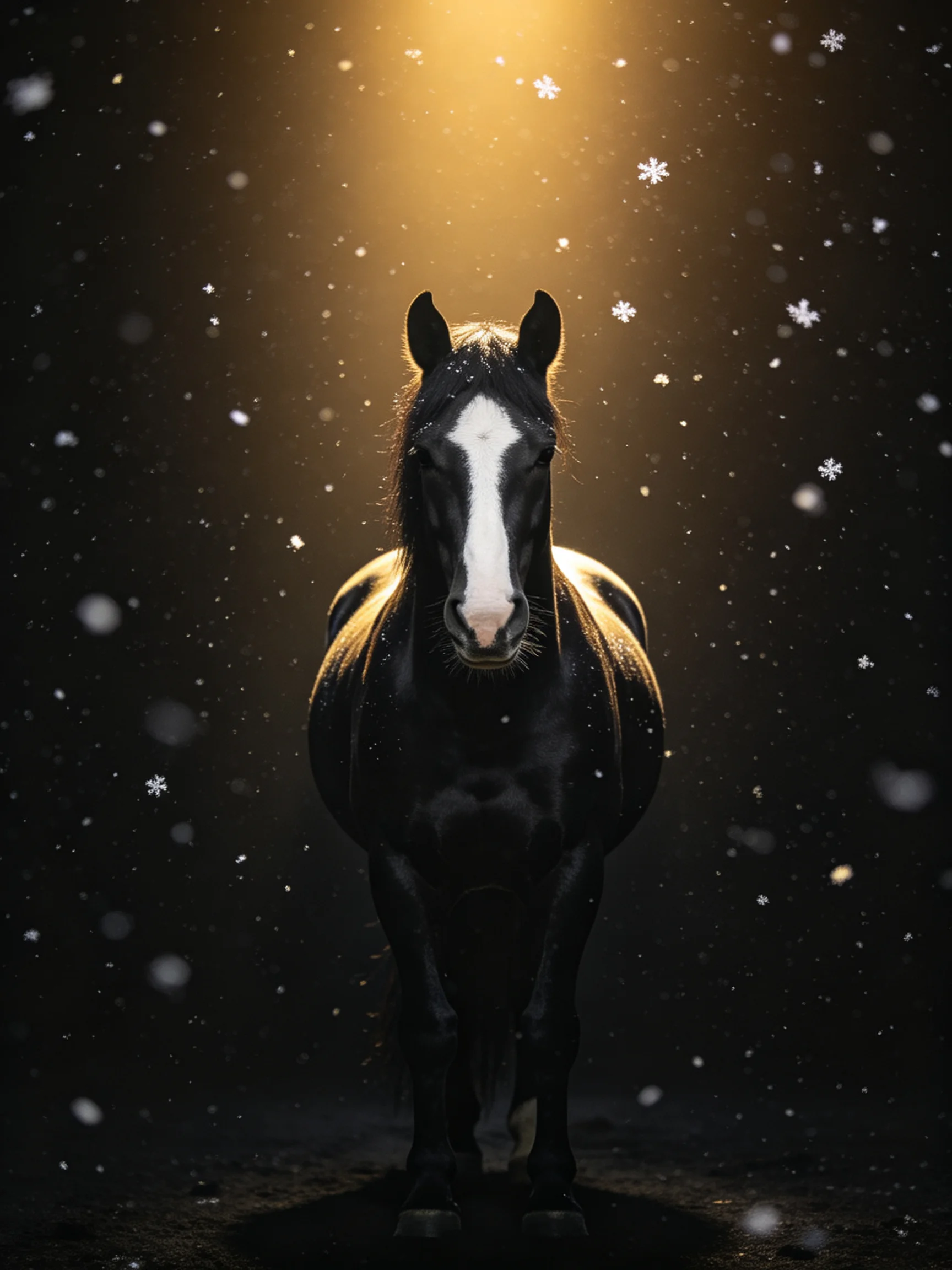A black horse with a white blaze beneath golden light amid falling snow