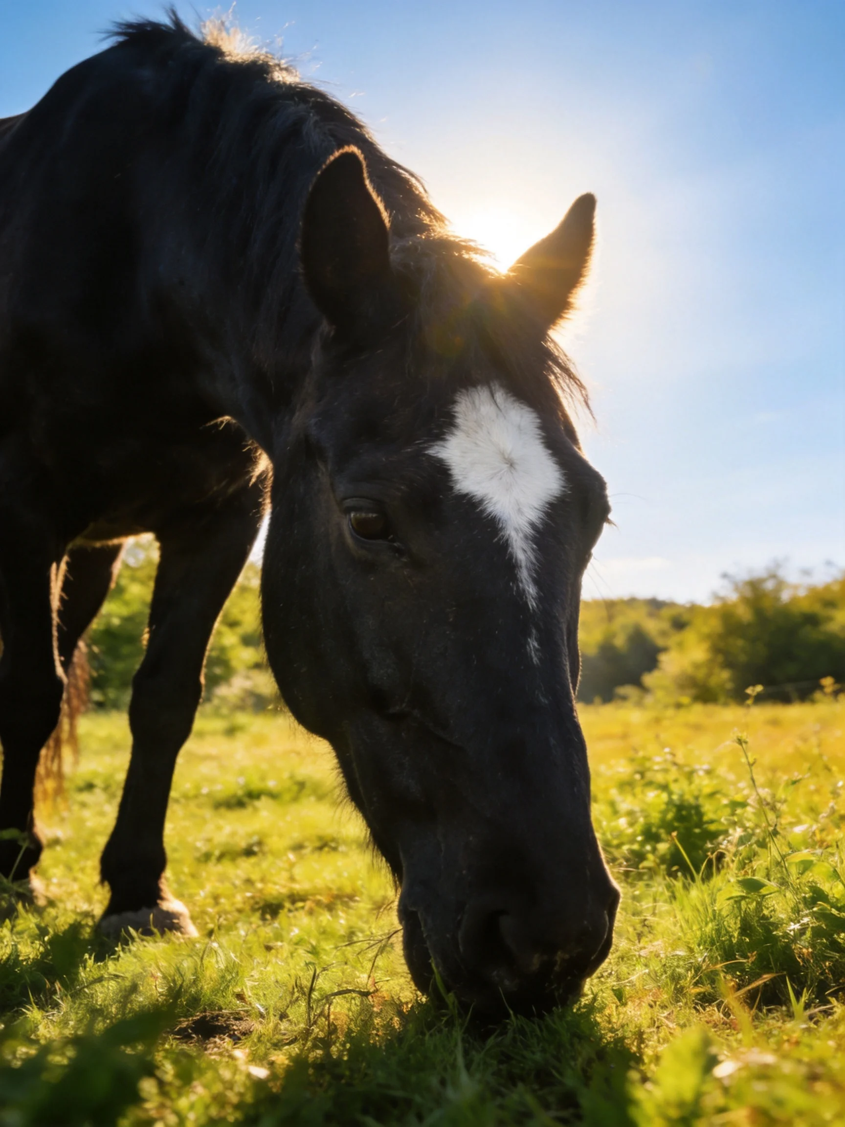 A black horse with a white blaze grazes in a sunlit meadow
