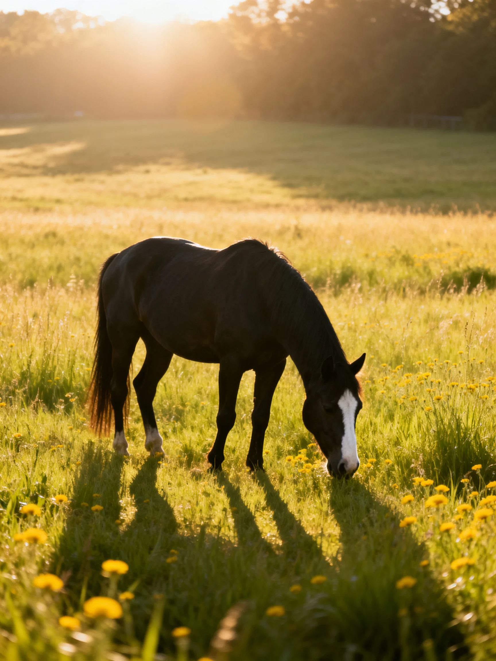 A black horse with a white blaze grazes in a sunlit meadow of yellow wildflowers