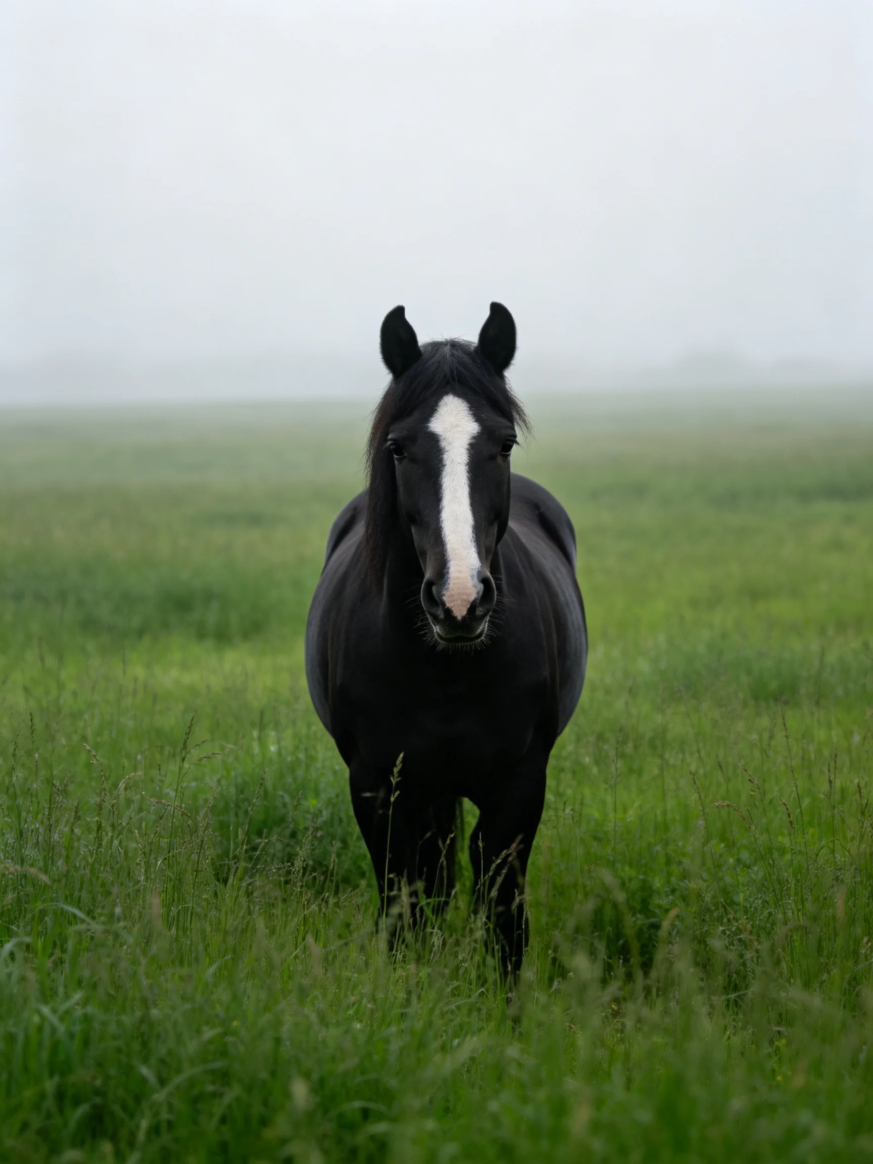 A black horse with a white blaze in a foggy green pasture